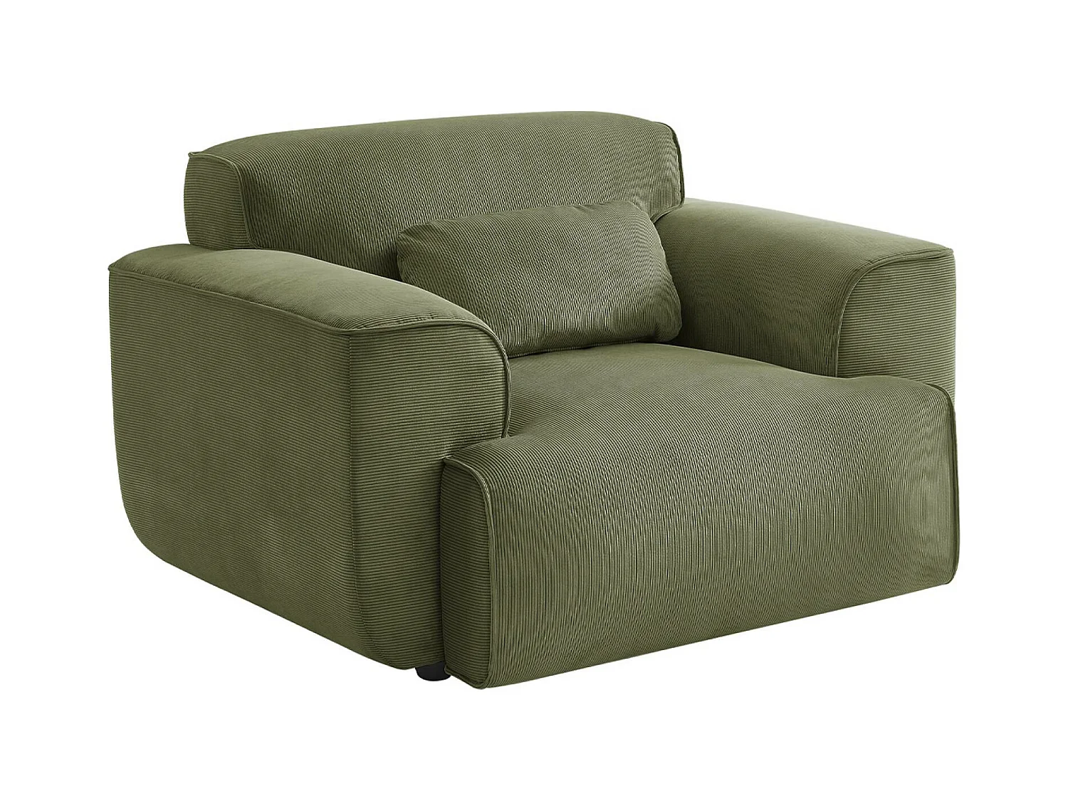 Fauteuil velours côtelé vert. lignes arrondies. coussin fourni. Wallas. L 116 x P 97 x H 73cm