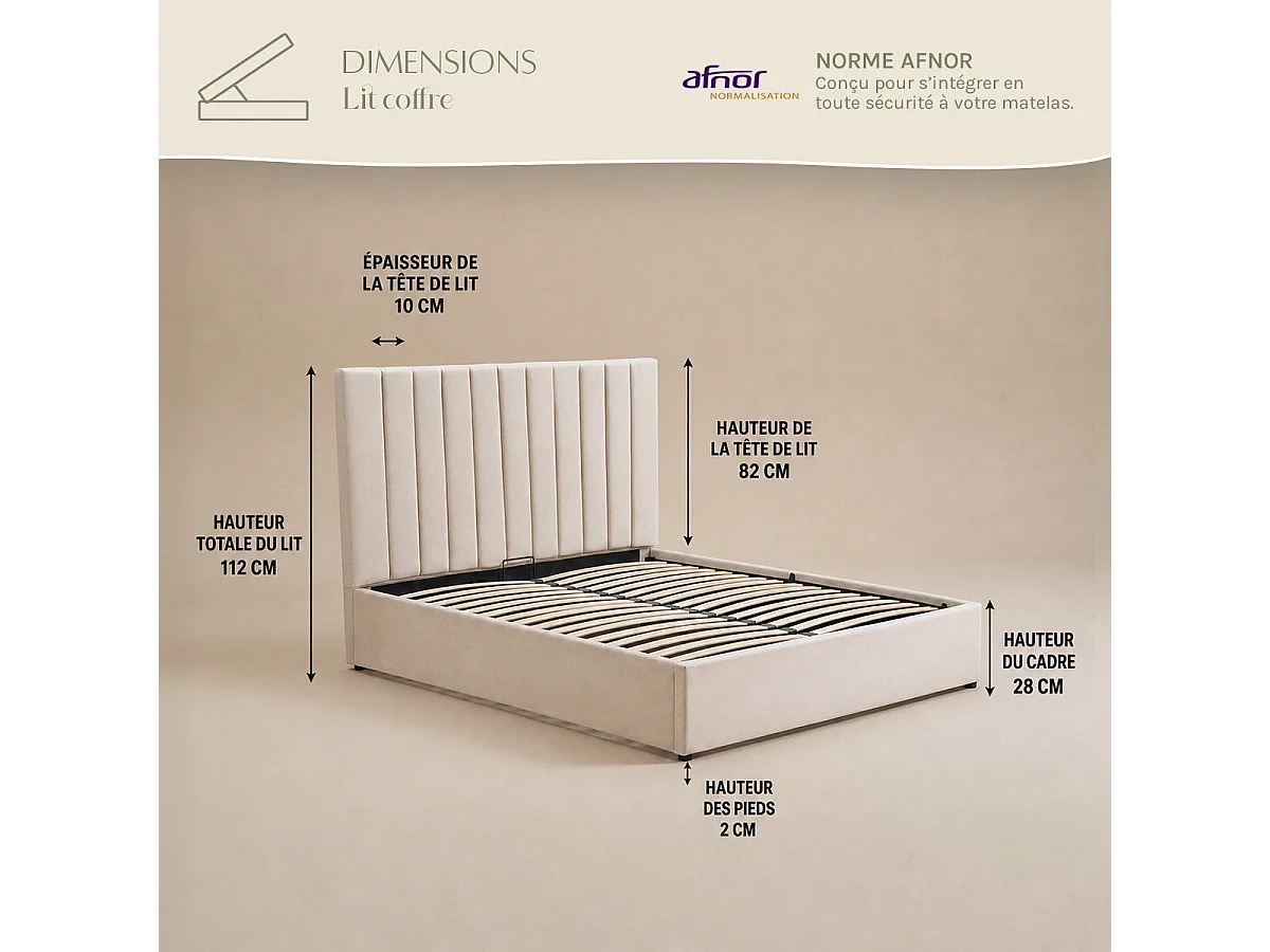 Lit coffre Giulia velours beige 140x190 cm