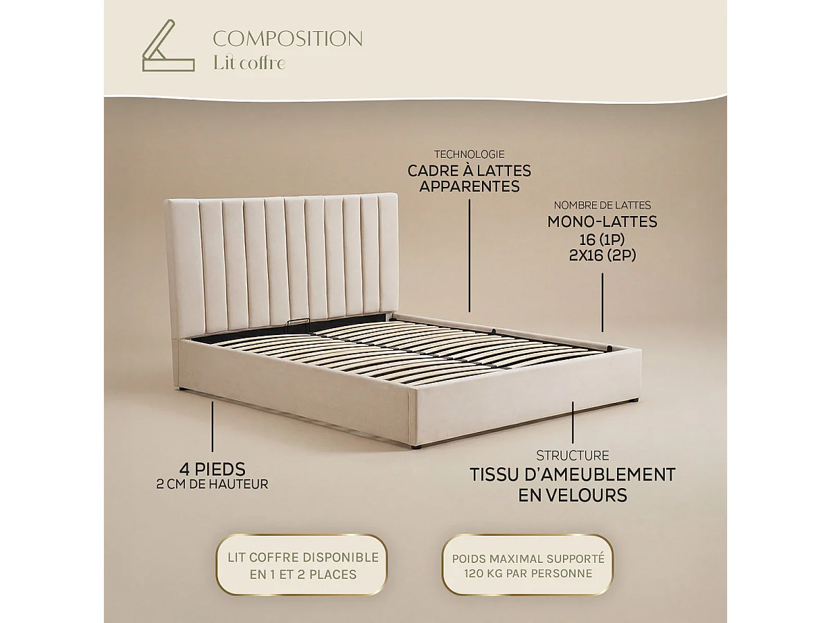 Lit coffre Giulia velours beige 140x200 cm