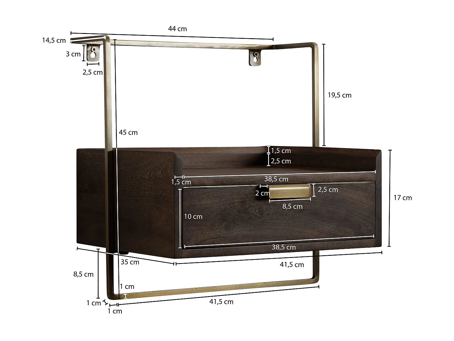 nachtconsole voor wandmontage 44x45x35 cm mango massief hout donkerbruin, nachtkastje met lade, zwevende wandplank voor boxspringbed, nachtkastje hangend