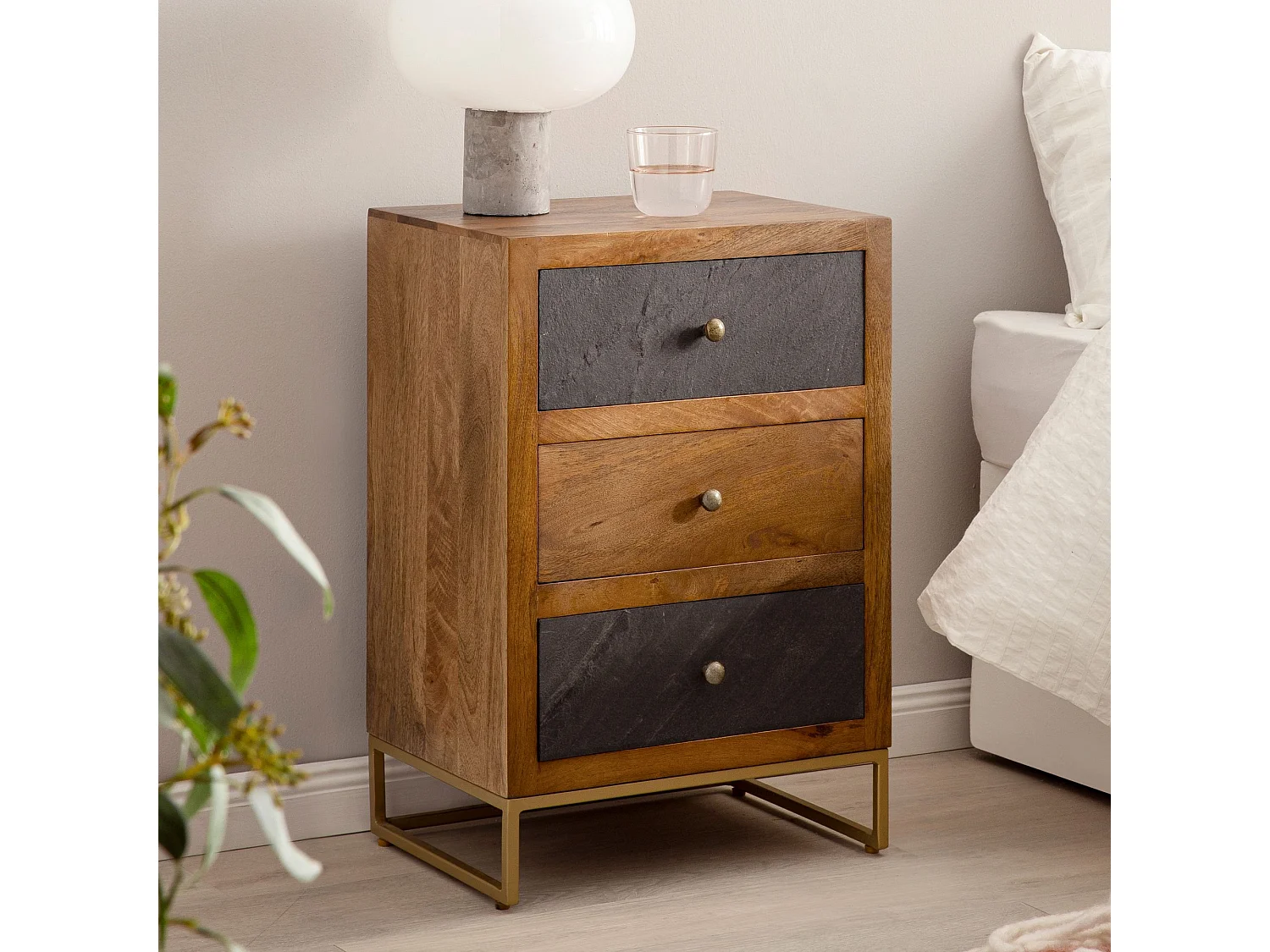 nachtkastje mango massief hout/steenlook 40x60x30 cm nachtkastje boxspringbed | Design nachtkastje bruin met 3 lades | Nachtkastje met opbergruimte en metalen frame