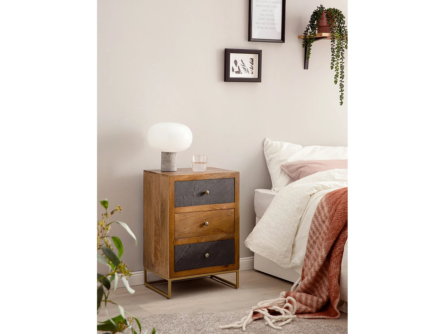 nachtkastje mango massief hout/steenlook 40x60x30 cm nachtkastje boxspringbed | Design nachtkastje bruin met 3 lades | Nachtkastje met opbergruimte en metalen frame