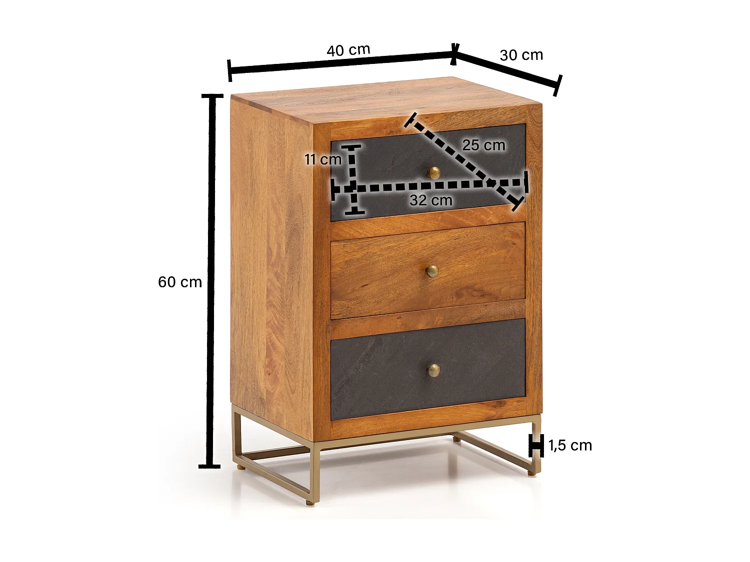 nachtkastje mango massief hout/steenlook 40x60x30 cm nachtkastje boxspringbed | Design nachtkastje bruin met 3 lades | Nachtkastje met opbergruimte en metalen frame