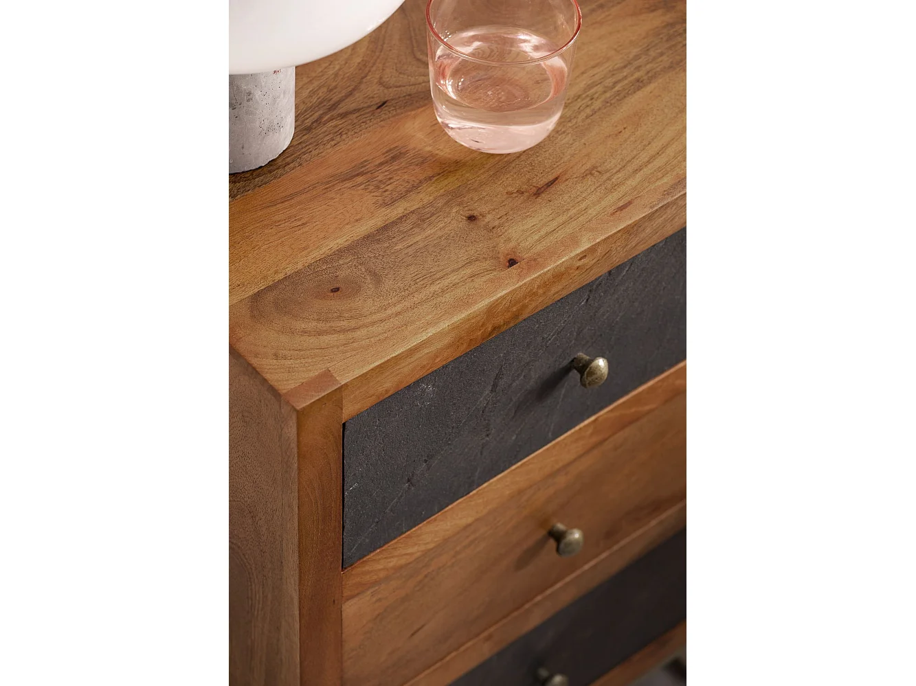 nachtkastje mango massief hout/steenlook 40x60x30 cm nachtkastje boxspringbed | Design nachtkastje bruin met 3 lades | Nachtkastje met opbergruimte en metalen frame