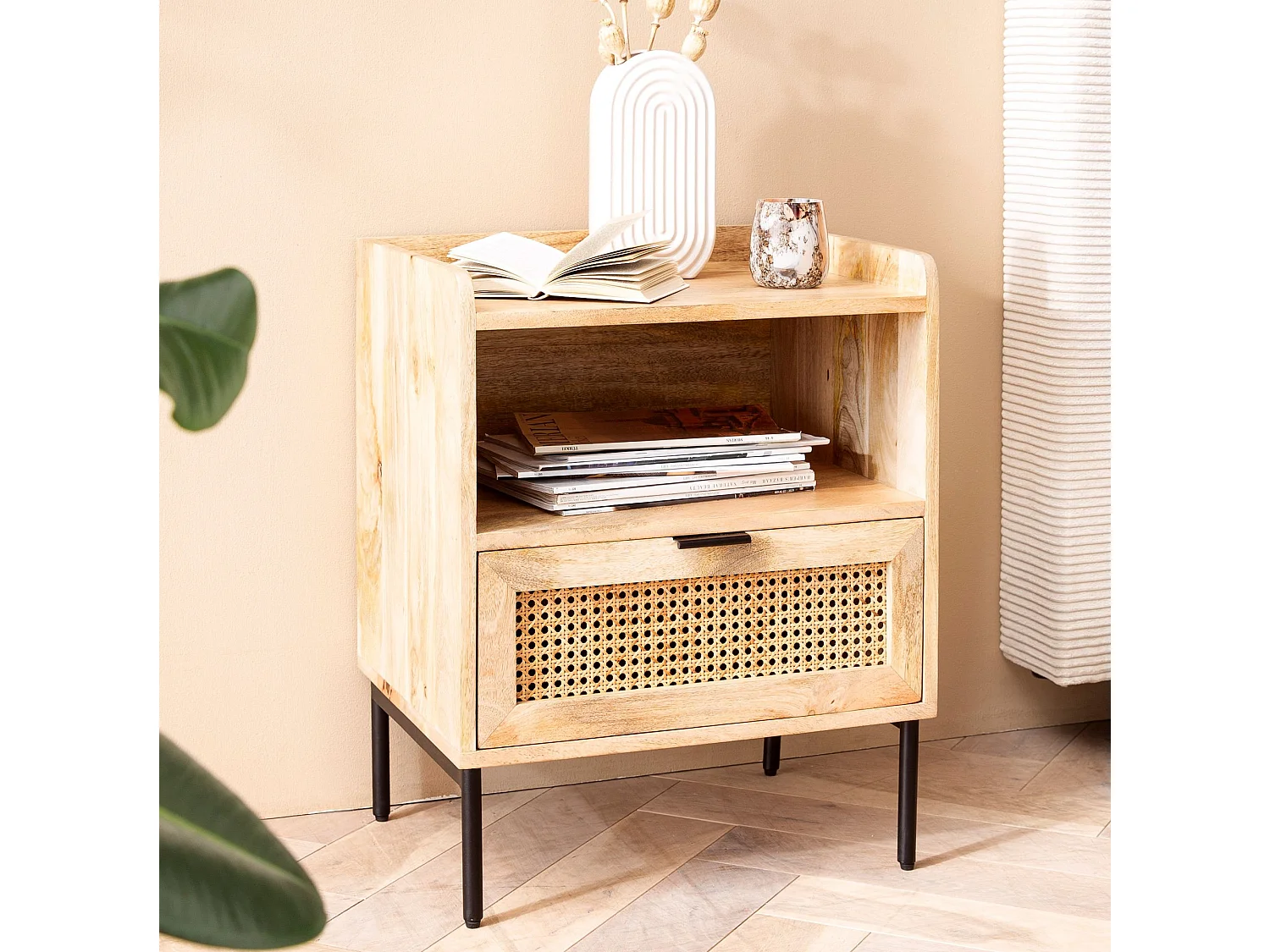 Nachtkonsole Mango Massivholz / Rattan 50x60x40 cm Nachttisch Braun, Nachtkommode Boxspringbett