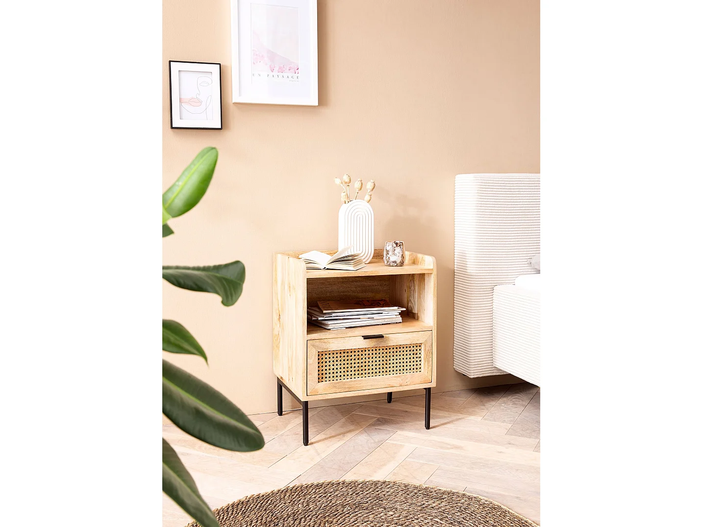 Nachtkonsole Mango Massivholz / Rattan 50x60x40 cm Nachttisch Braun, Nachtkommode Boxspringbett