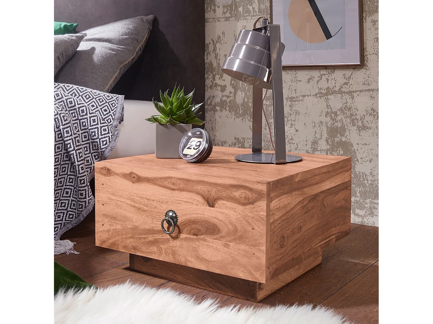 Design Nachttisch MUMBAI Massiv-Holz Akazie 40x40x25 cm, Moderne Nacht-Kommode mit Schublade,
