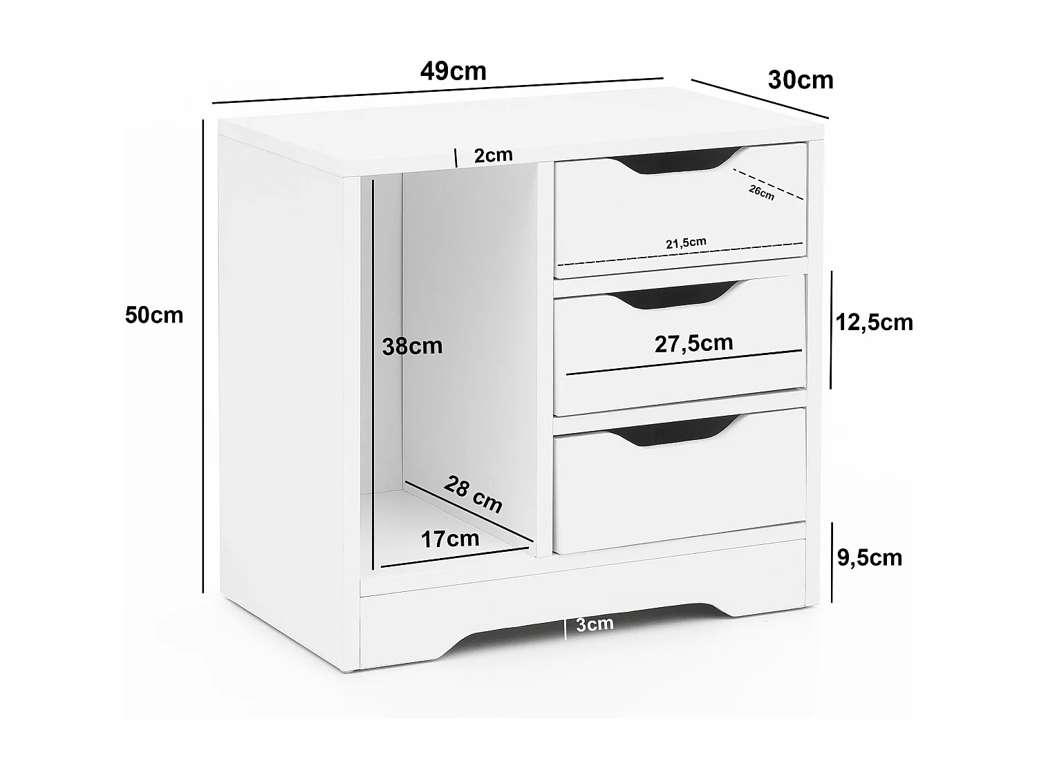 Nachtkonsole WL5.708 49x50x30 cm Weiß Matt 3 Schubladen 1 Ablagefach, Weisse Nachtkommode mit