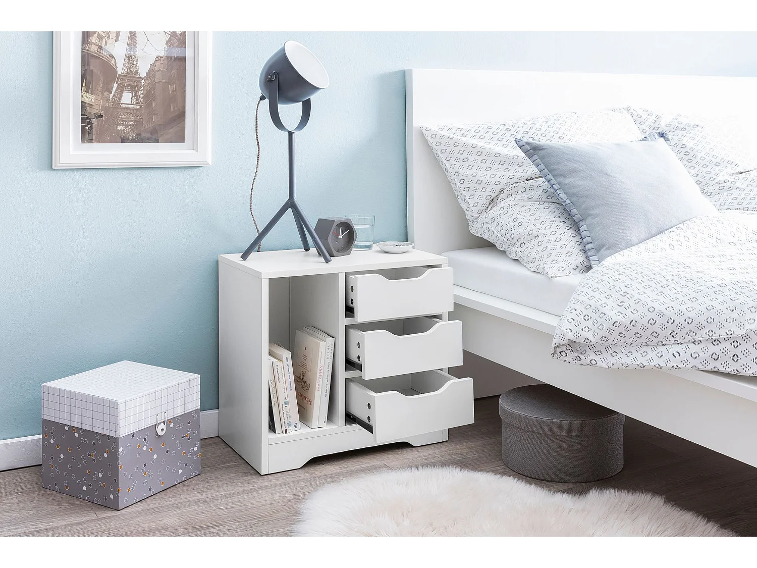 Nachtkonsole WL5.708 49x50x30 cm Weiß Matt 3 Schubladen 1 Ablagefach, Weisse Nachtkommode mit