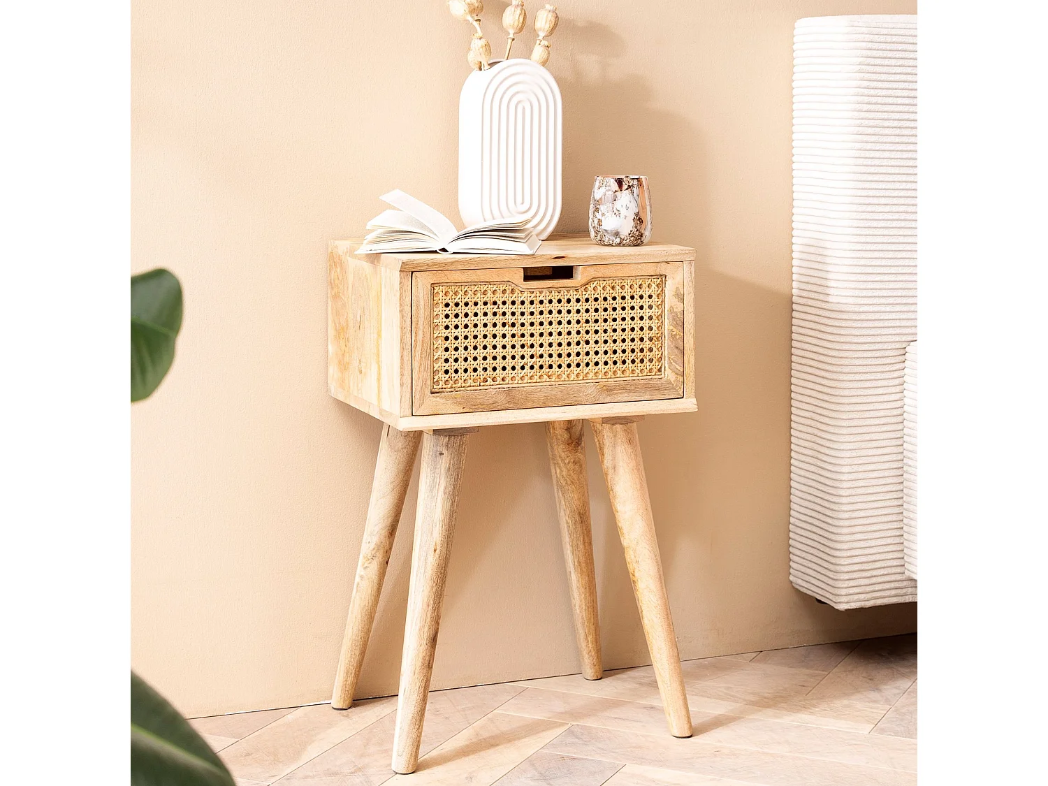 nachtkastje mango massief hout / rotan 40x60x30 cm nachtkastje bruin | Nachtkastje boxspringbed met lade Weens geweven | Nachtkastje met opbergruimte