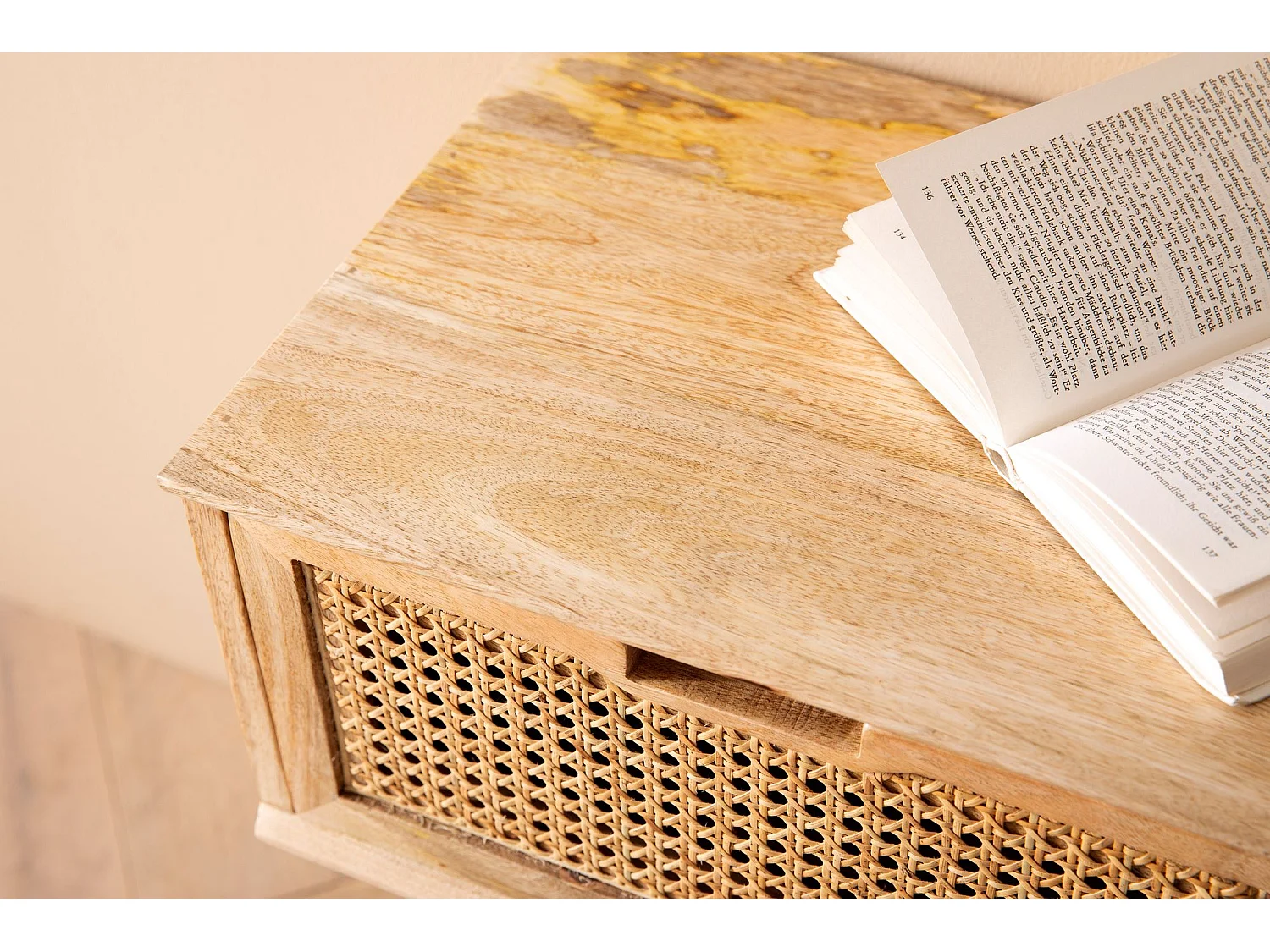 nachtkastje mango massief hout / rotan 40x60x30 cm nachtkastje bruin | Nachtkastje boxspringbed met lade Weens geweven | Nachtkastje met opbergruimte