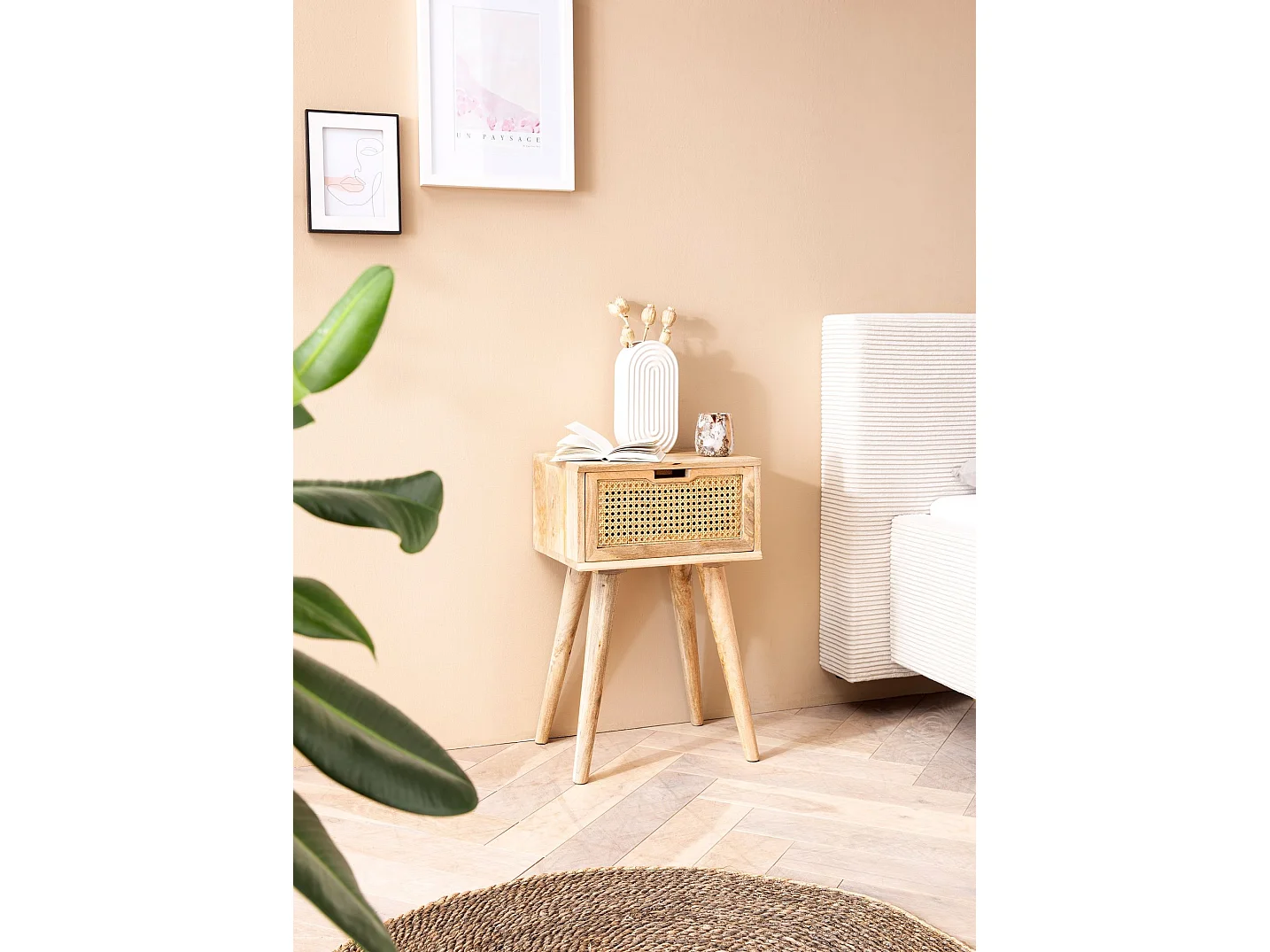 Nachtkonsole Mango Massivholz / Rattan 40x60x30 cm Nachttisch Braun, Nachtkommode Boxspringbett