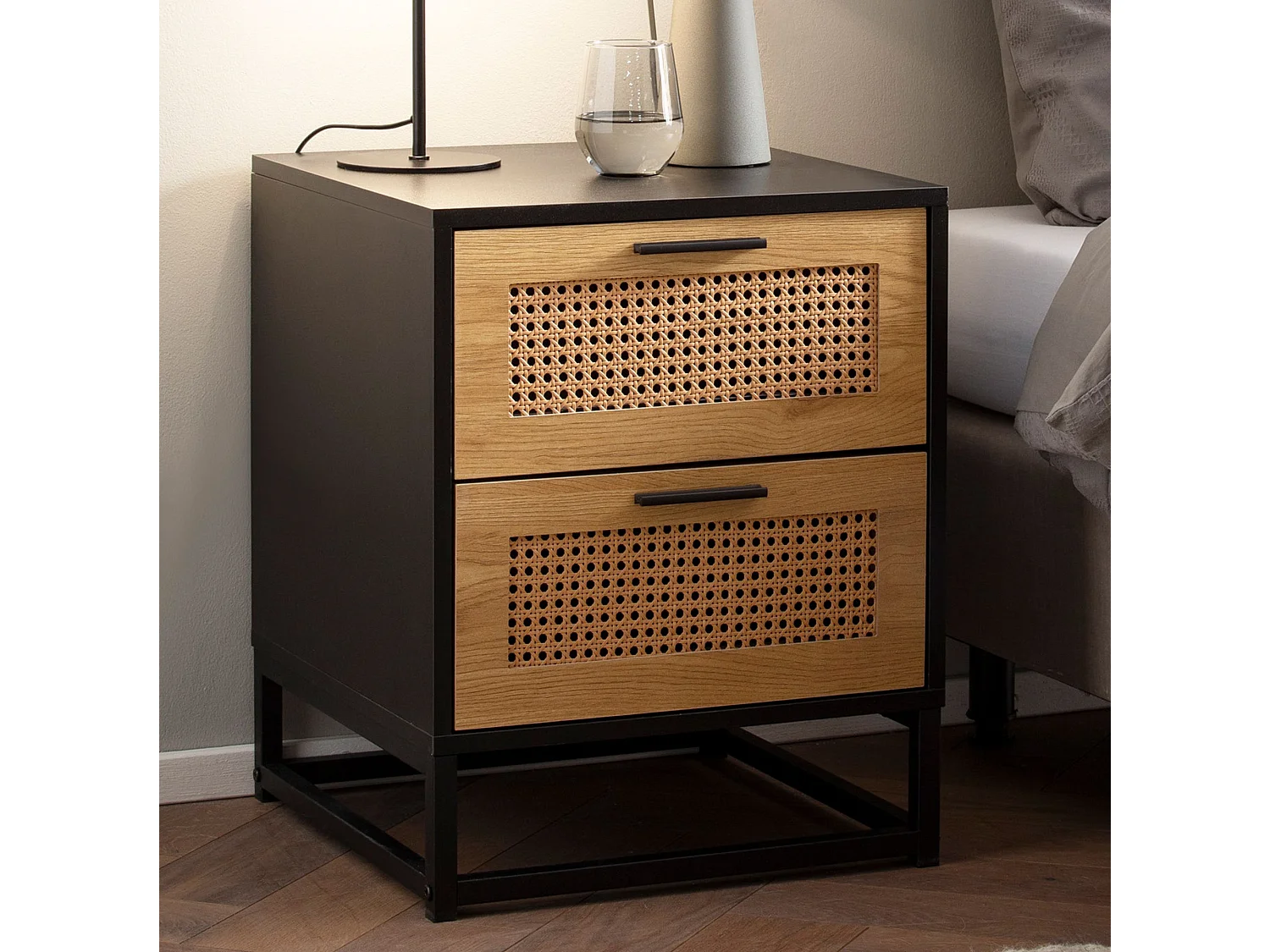 nachtconsole zwart met Weens vlechtwerk 45x45x56 cm tijdloos nachtkastje, nachtkastje boxspringbed met laden, nachtkastje met opbergruimte