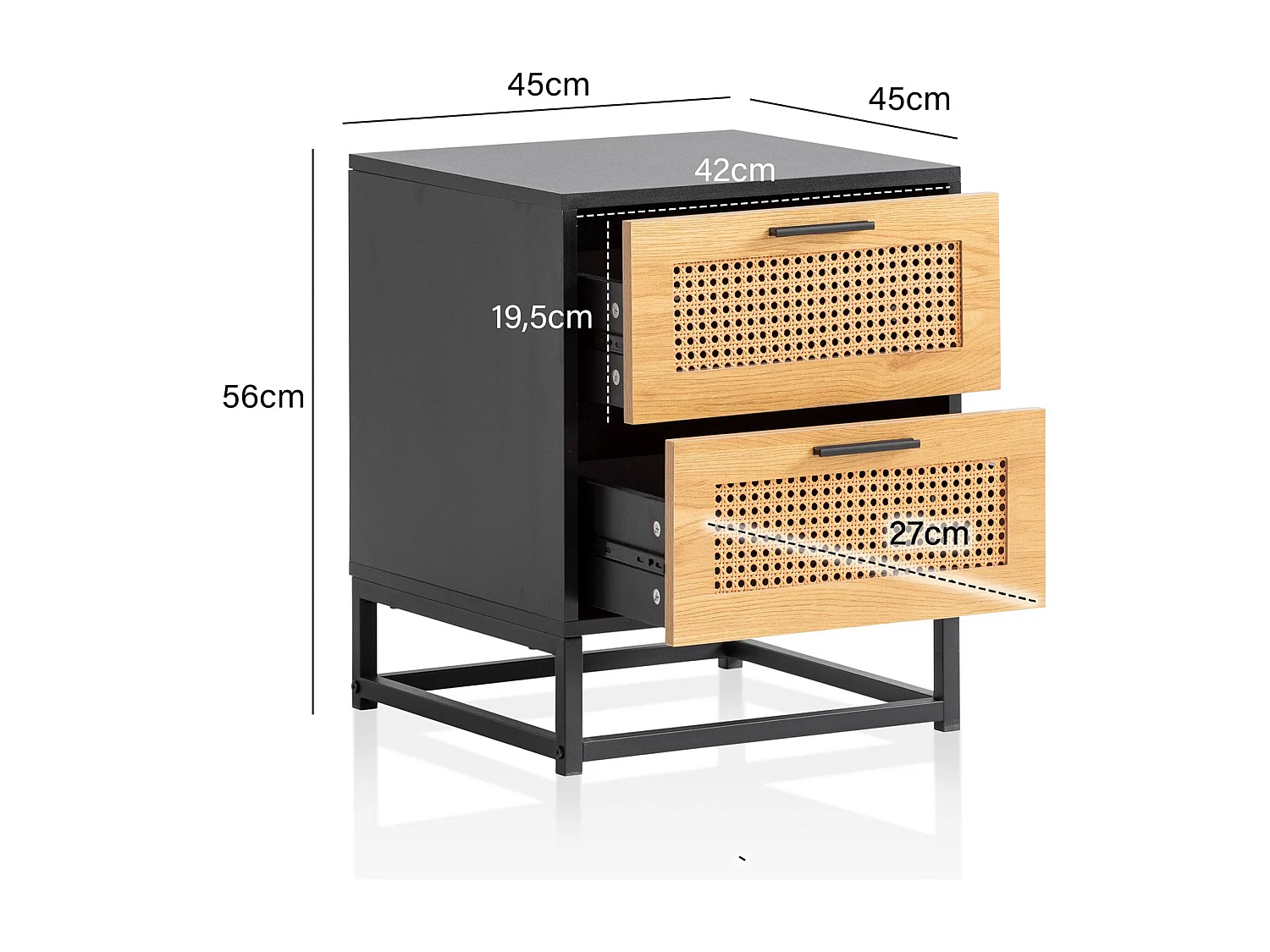 nachtconsole zwart met Weens vlechtwerk 45x45x56 cm tijdloos nachtkastje, nachtkastje boxspringbed met laden, nachtkastje met opbergruimte