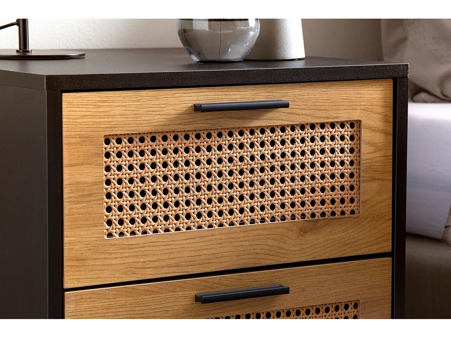 nachtconsole zwart met Weens vlechtwerk 45x45x56 cm tijdloos nachtkastje, nachtkastje boxspringbed met laden, nachtkastje met opbergruimte