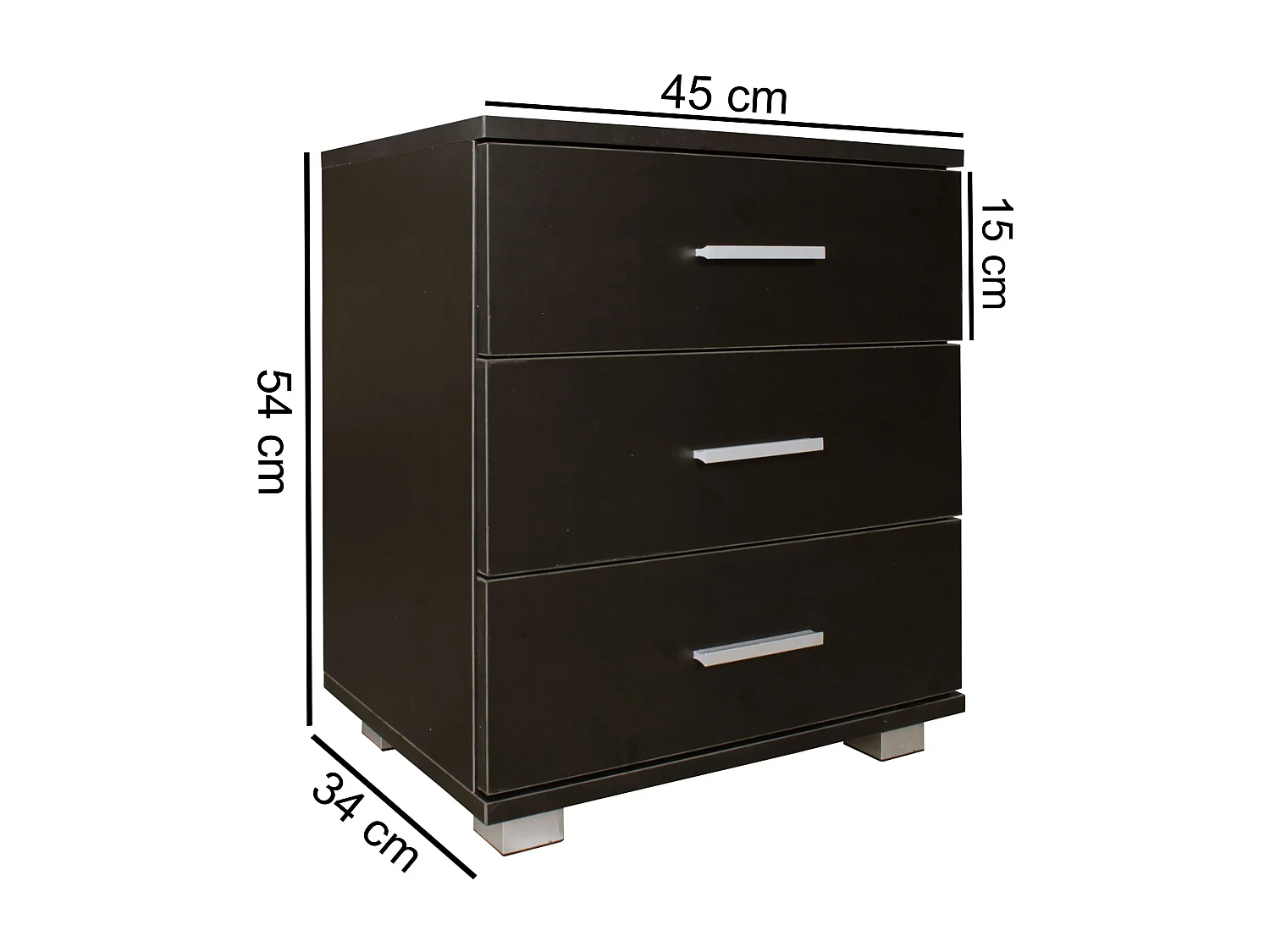 Nachtkonsole LATINA Holz Nachttisch modern mit 3 Schubladen schwarz, Design Nachtkästchen 45 x 54