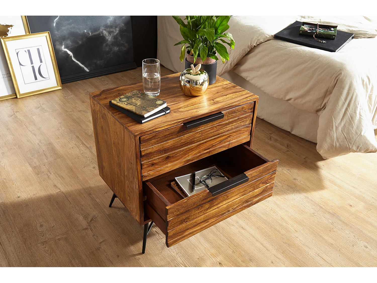 nachtkastje Nishan 60 x 60 x 40 cm Sheesham table | Ontwerp nachtkastje boxspringbed | Nachtkastje met laden | Zijkast met opbergruimte | Nachtkastje hoog