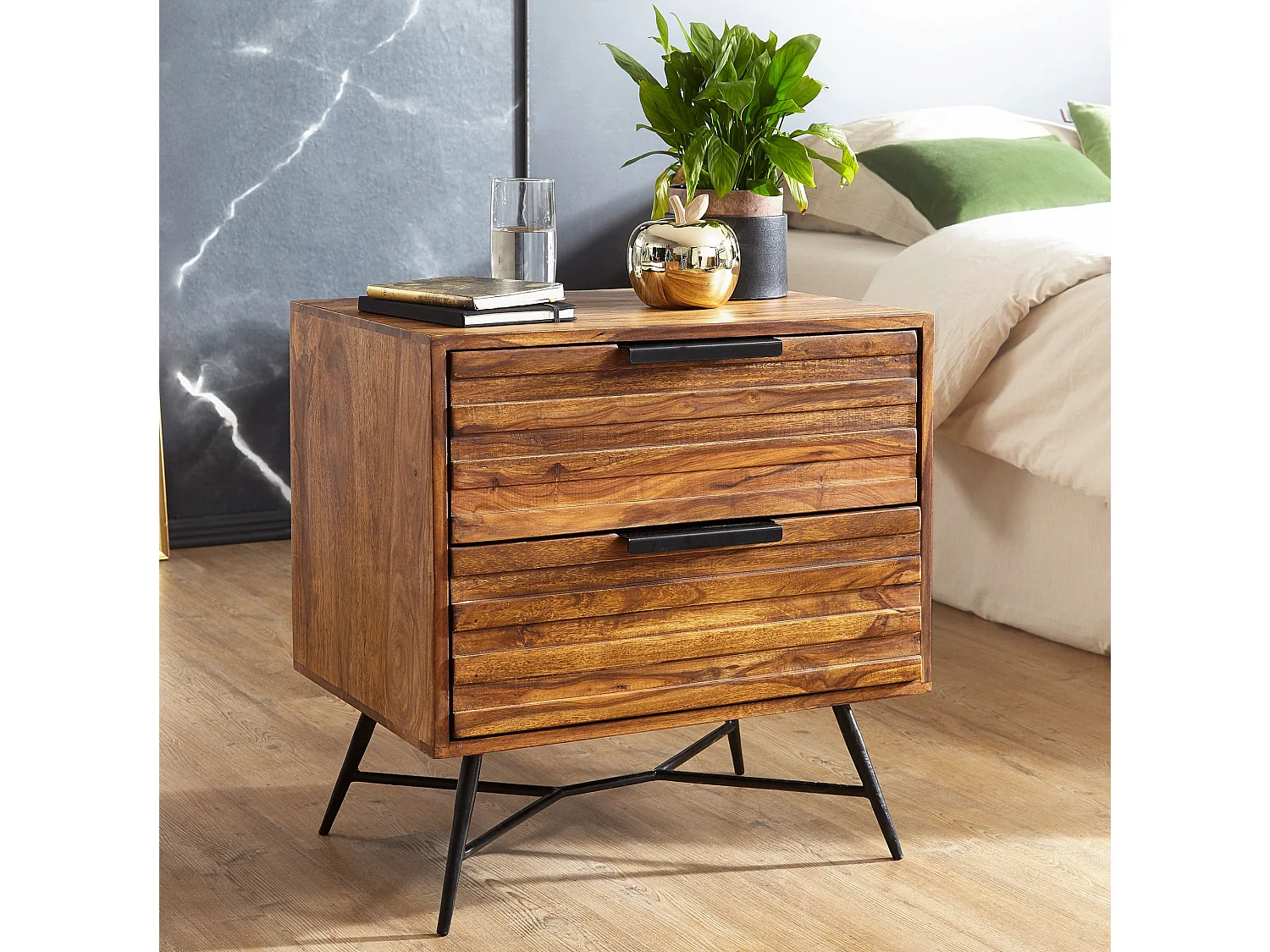 nachtkastje Nishan 60 x 60 x 40 cm Sheesham table | Ontwerp nachtkastje boxspringbed | Nachtkastje met laden | Zijkast met opbergruimte | Nachtkastje hoog