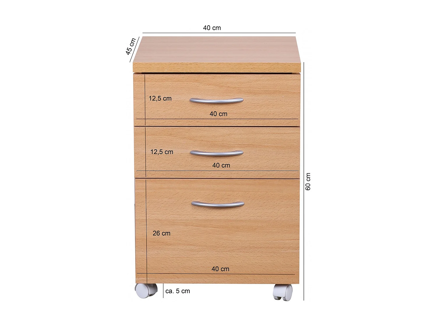 container OTTAWA 40 x 60 x 45 cm onderkast met wielen beuken | trolley met lades | oprolkast kantoor | Cosmetica trolley Make Up trolley | Container onder bureau