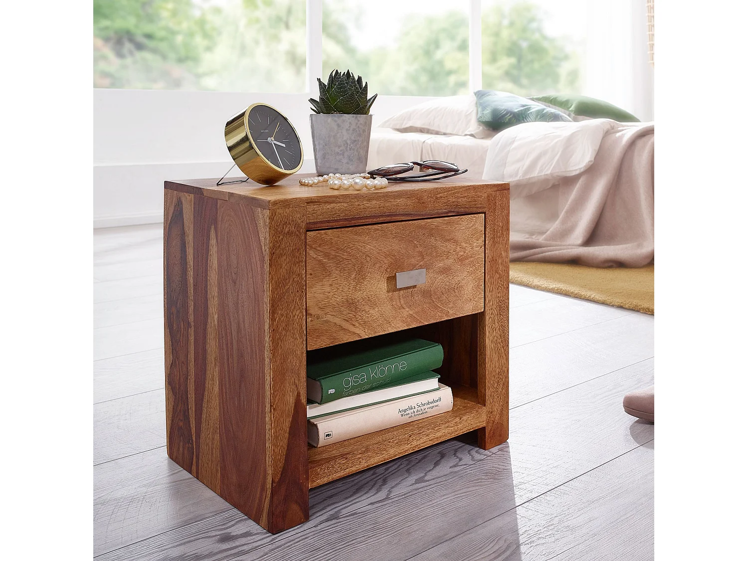 Nachttisch MUMBAI aus Sheesham Massiv-Holz 40 x 40 x 30 cm, Nacht-Kommode braun mit 1 Schublade