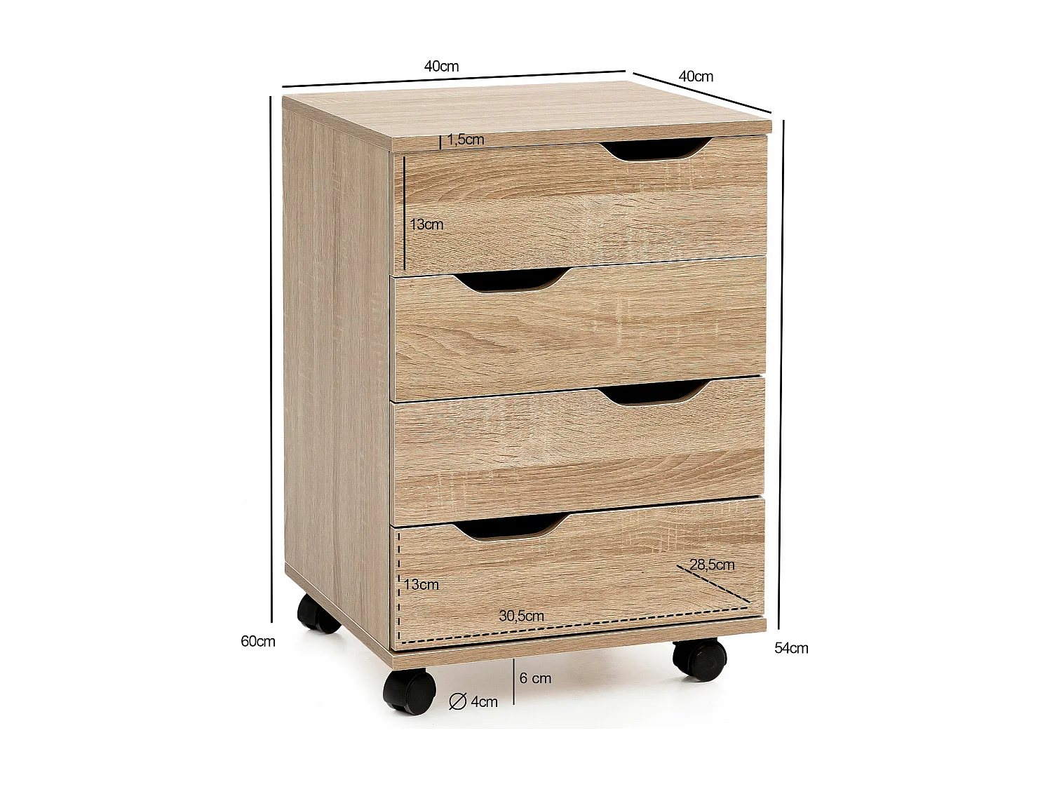 rolcontainer WL5.931 Sonoma 40x60x40cm ladekast kantoorcontainer | Bureaucontainer met laden | Container zijcontainer kantoor met zwenkwielen | Kleine ladecontainer