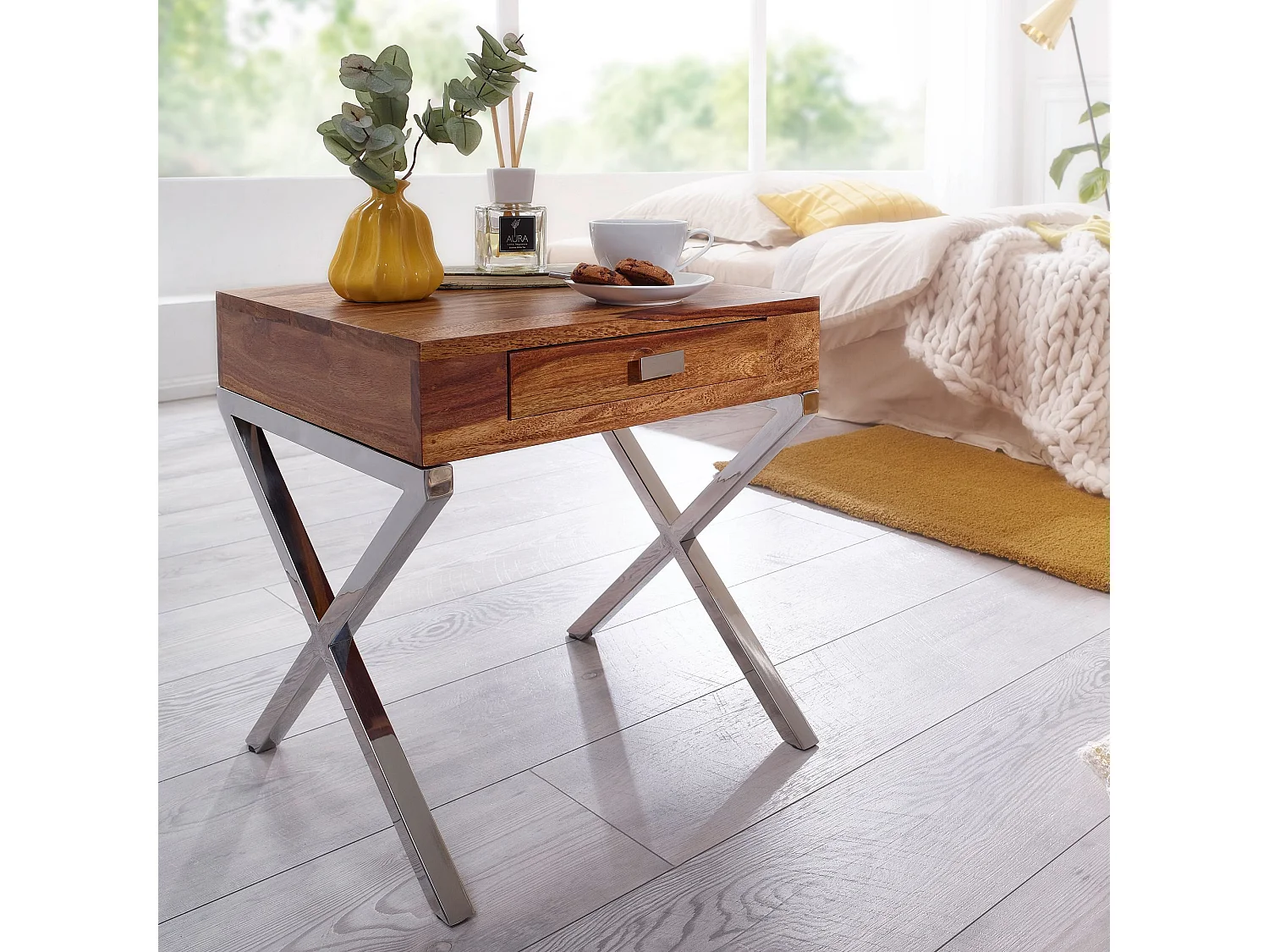 Nachttisch GUNA Massiv-Holz Sheesham Nacht-Kommode 45 cm 1 Schublade mit Metallbeine Nachtschrank