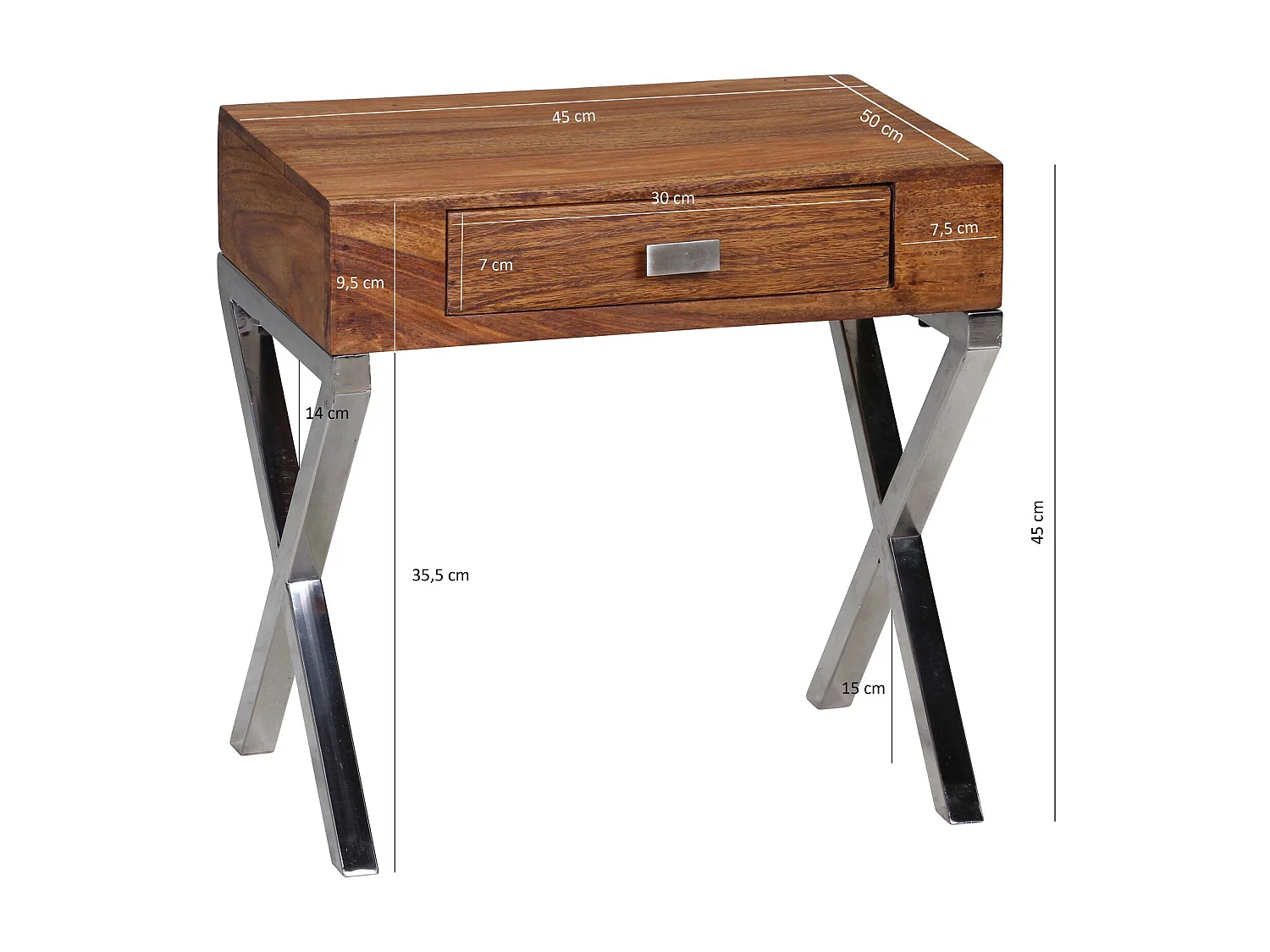 Nachttisch GUNA Massiv-Holz Sheesham Nacht-Kommode 45 cm 1 Schublade mit Metallbeine Nachtschrank