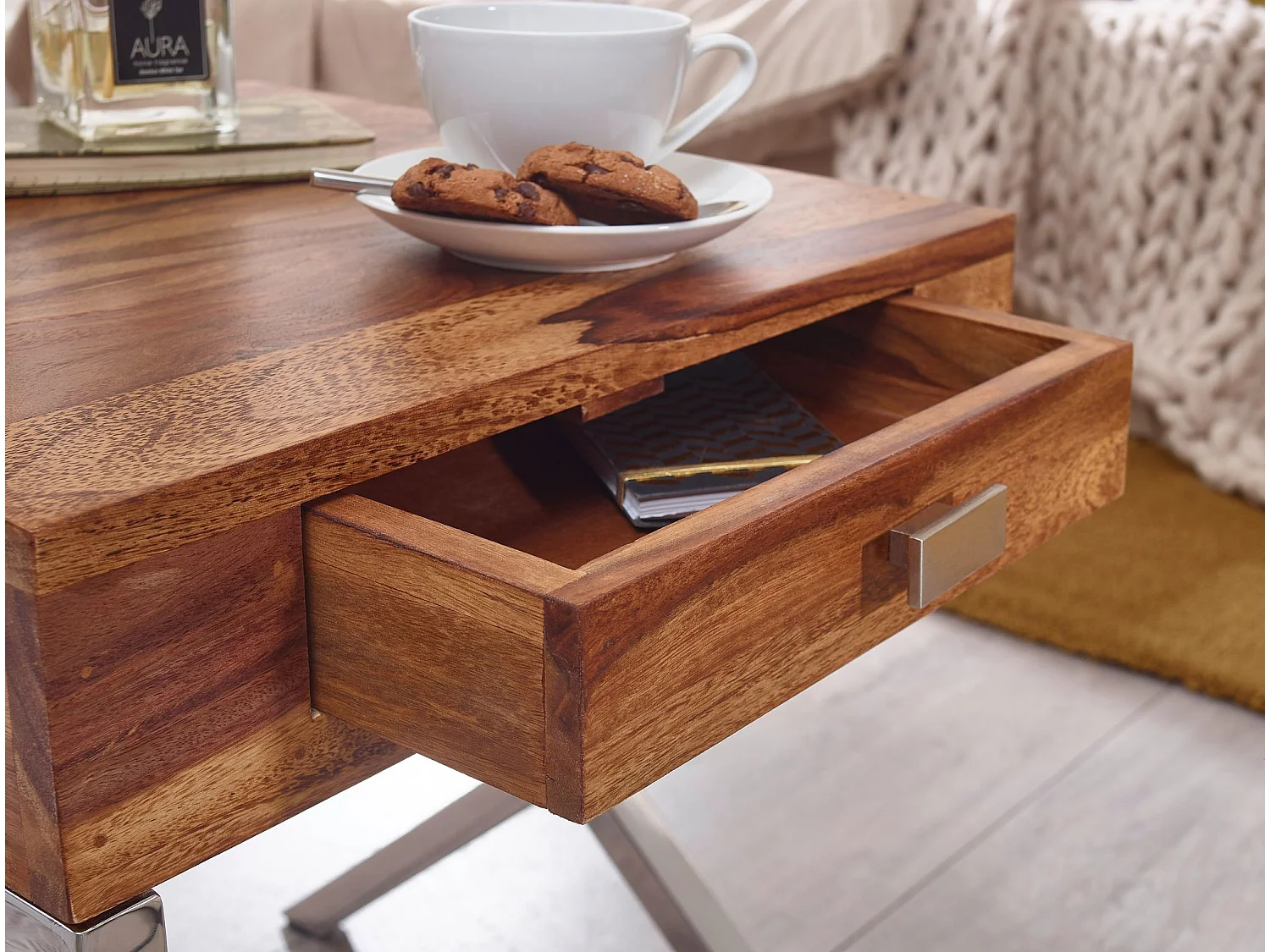 Nachttisch GUNA Massiv-Holz Sheesham Nacht-Kommode 45 cm 1 Schublade mit Metallbeine Nachtschrank