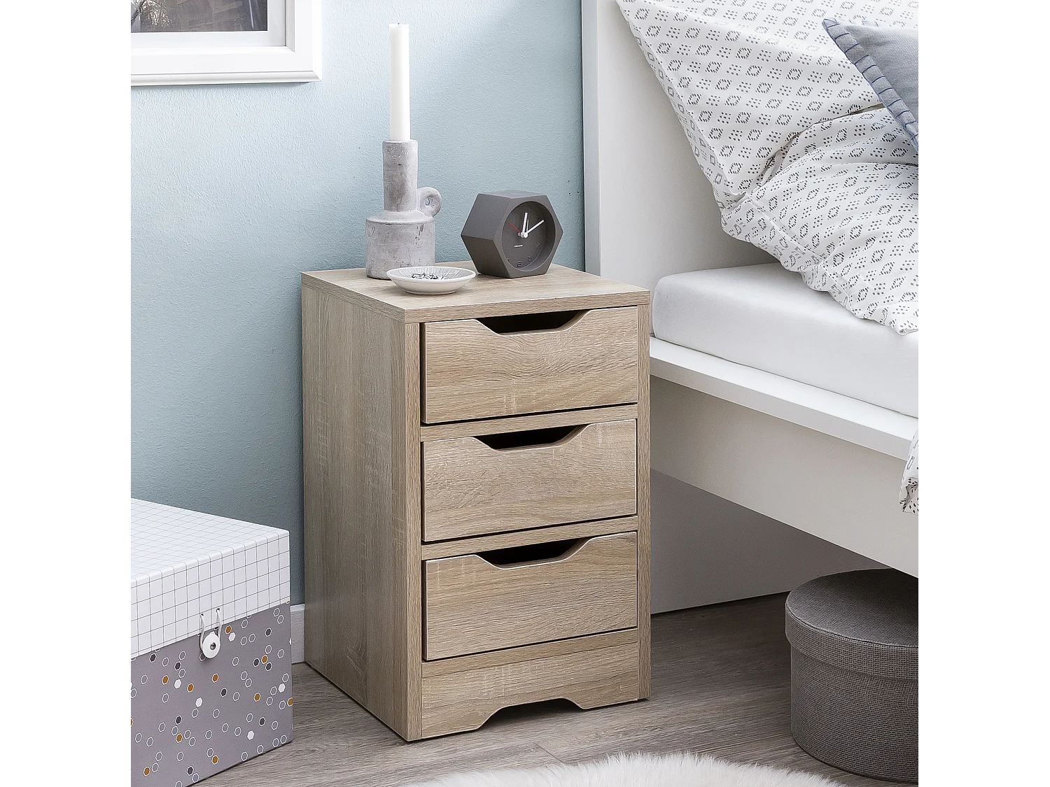 Nachtkonsole WL5.705 31x49x31 cm Sonoma mit 3 Schubladen, Braune Nachtkommode mit Stauraum,