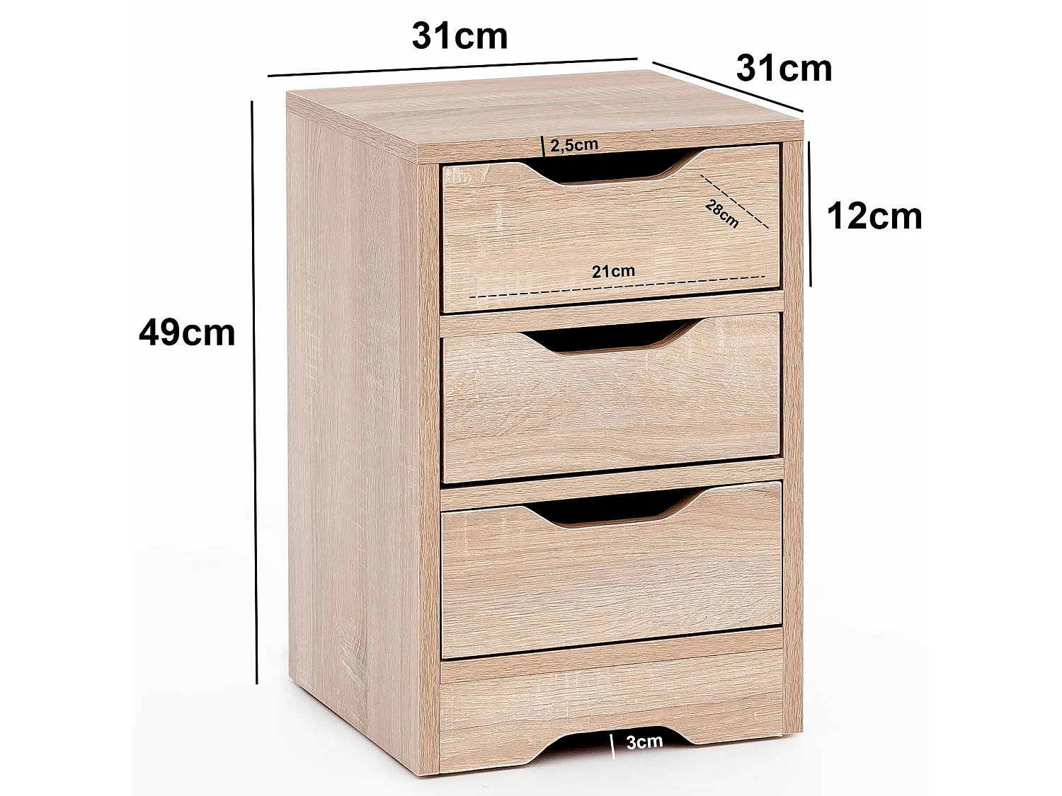 Nachtkonsole WL5.705 31x49x31 cm Sonoma mit 3 Schubladen, Braune Nachtkommode mit Stauraum,