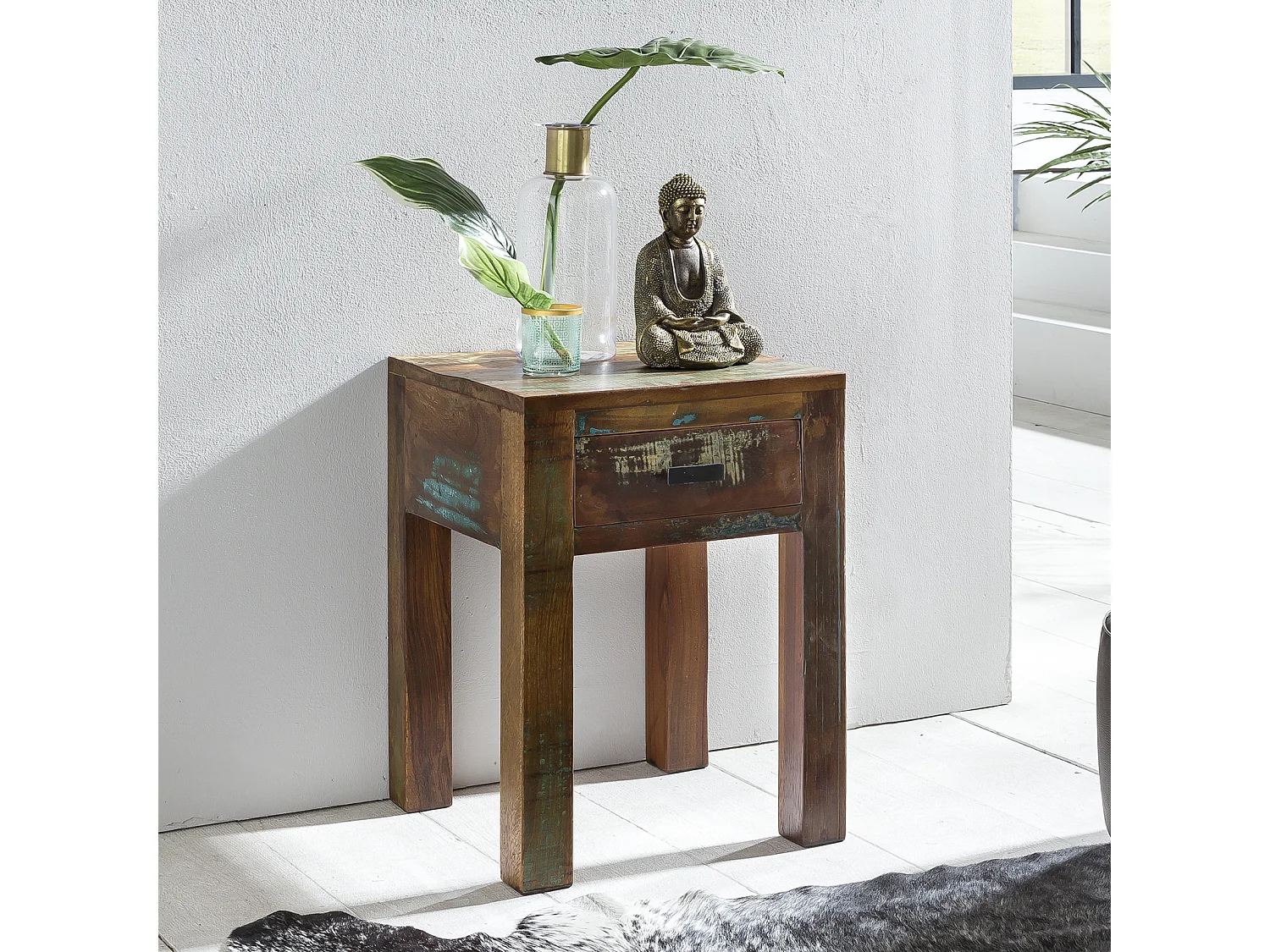 Shabby Chic nachtkastje / nachtkastje mangoboom DELHI lade met donker bruin | Ontwerp nachtkastje 40 x 40 x 55 cm | Kleine bijzettafel Living