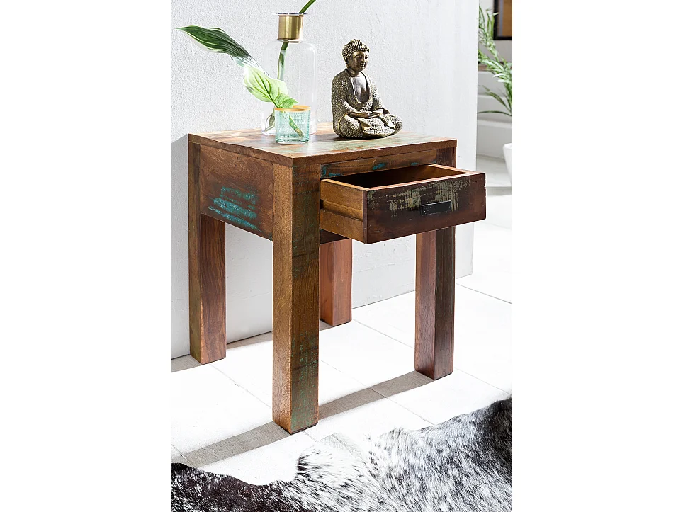 Nachttisch Kalkutta 40 x 40 x 55 cm, Mango Massivholz Nachtkästchen mit Schublade, Kleiner