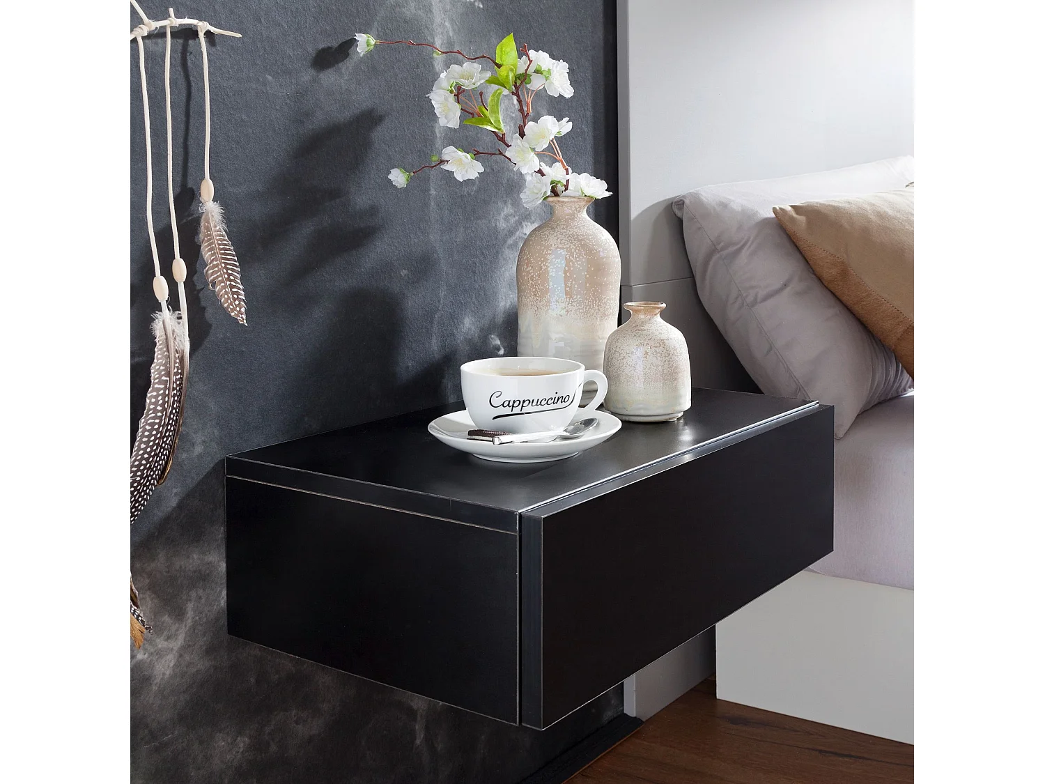 Nachtkonsole ZADAR für Wandmontage 46x15x30cm Schwarz Nachttisch Holz, Wandregal mit Schublade,