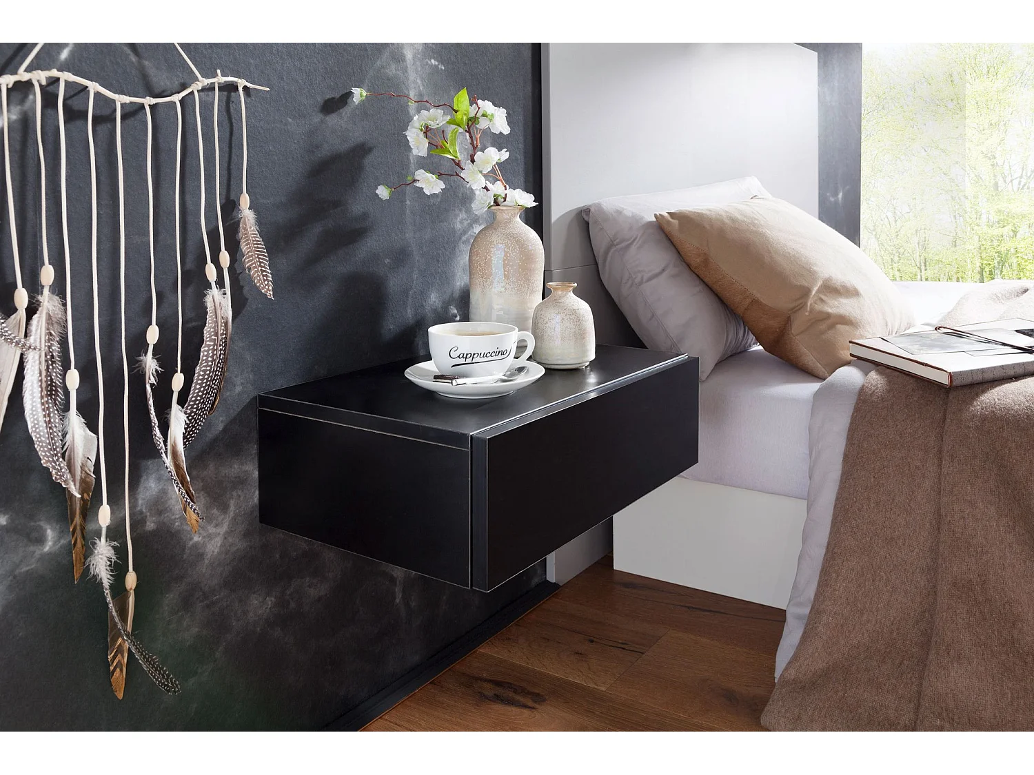 Nachtkonsole ZADAR für Wandmontage 46x15x30cm Schwarz Nachttisch Holz, Wandregal mit Schublade,