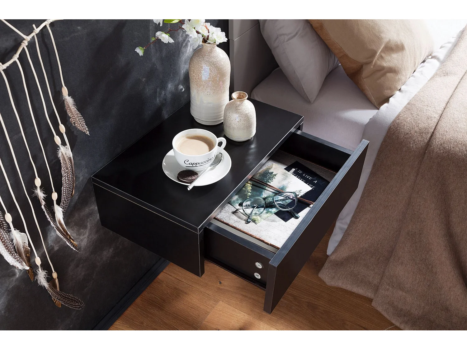 Nachtkonsole ZADAR für Wandmontage 46x15x30cm Schwarz Nachttisch Holz, Wandregal mit Schublade,