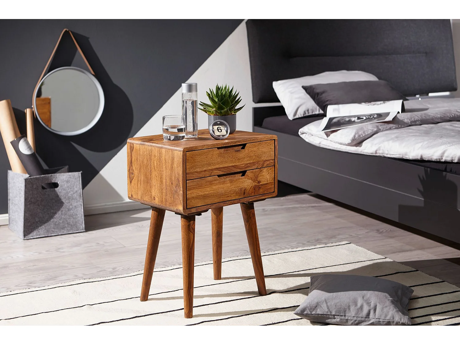 Nachtkonsole 47 x 66 x 36 cm WL5.578 Sheesham Nachttisch Boxspringbett, Nachtkästchen 2 Schubladen