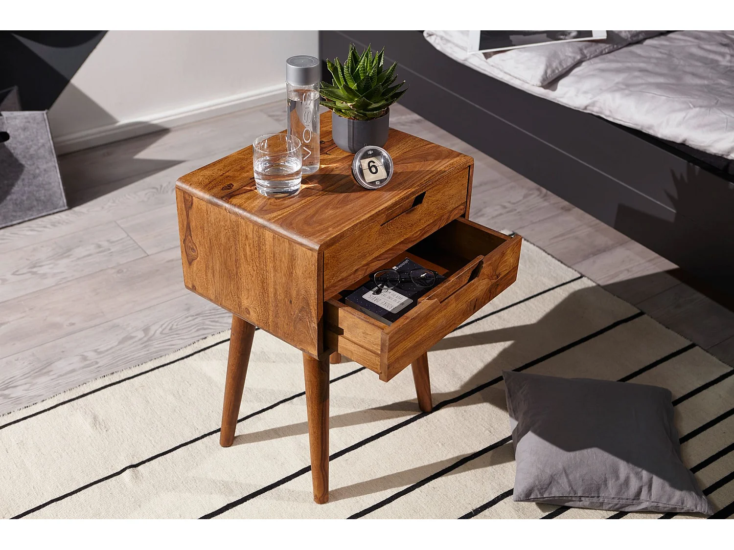 Nachtkonsole 47 x 66 x 36 cm WL5.578 Sheesham Nachttisch Boxspringbett, Nachtkästchen 2 Schubladen