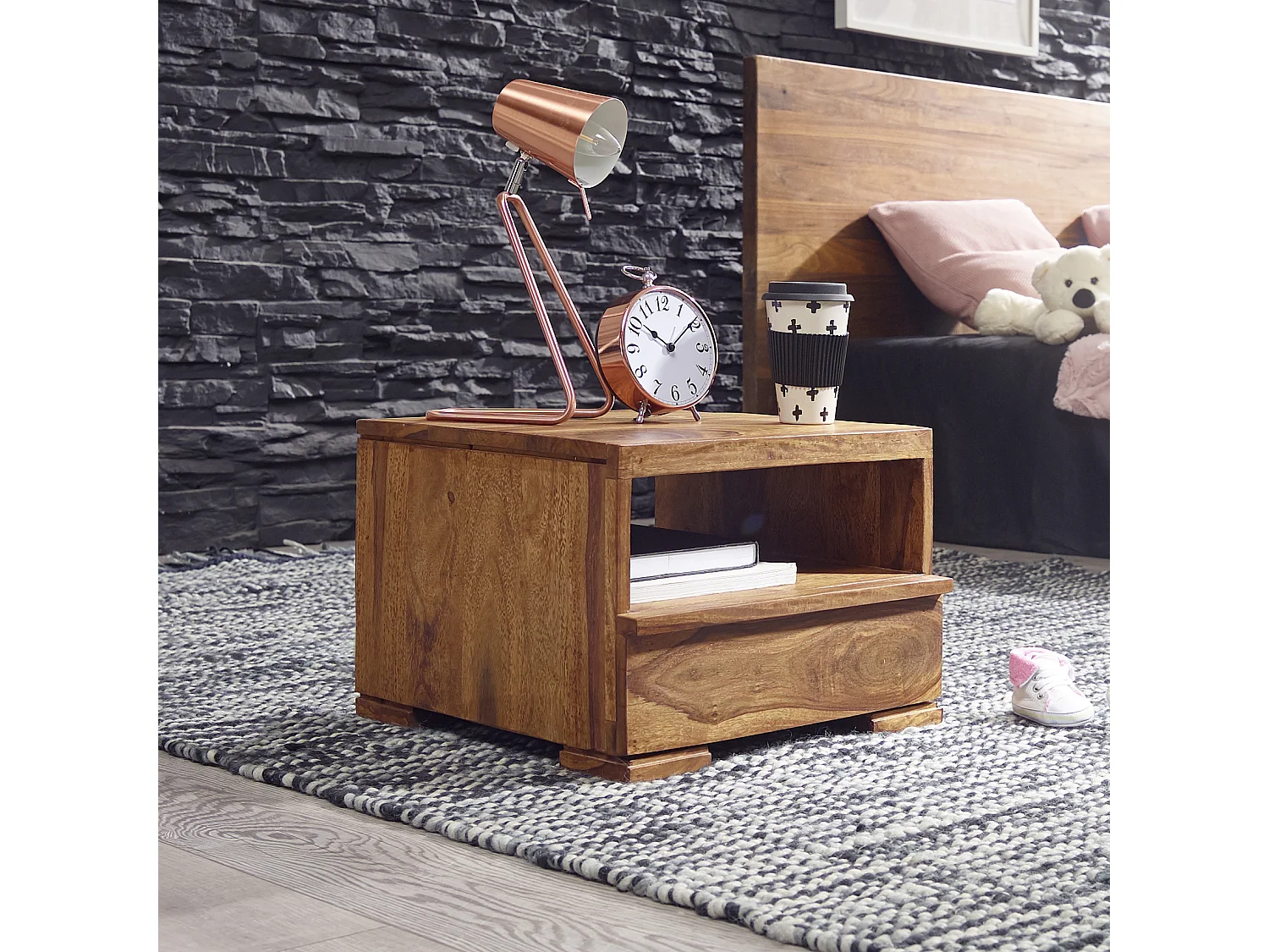 nachtkastje MUMBAI massief houten sheesham nachtkastje 30 cm 1 ladeplank nachtkastje landelijke stijl echt hout