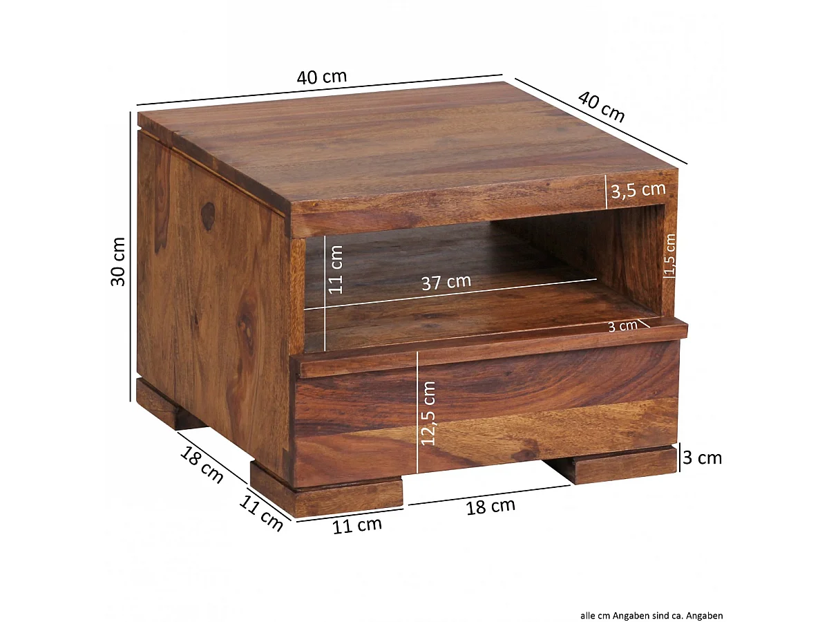 Nachttisch MUMBAI Massiv-Holz Sheesham Nacht-Kommode 30 cm 1 Schublade Ablage Nachtschrank