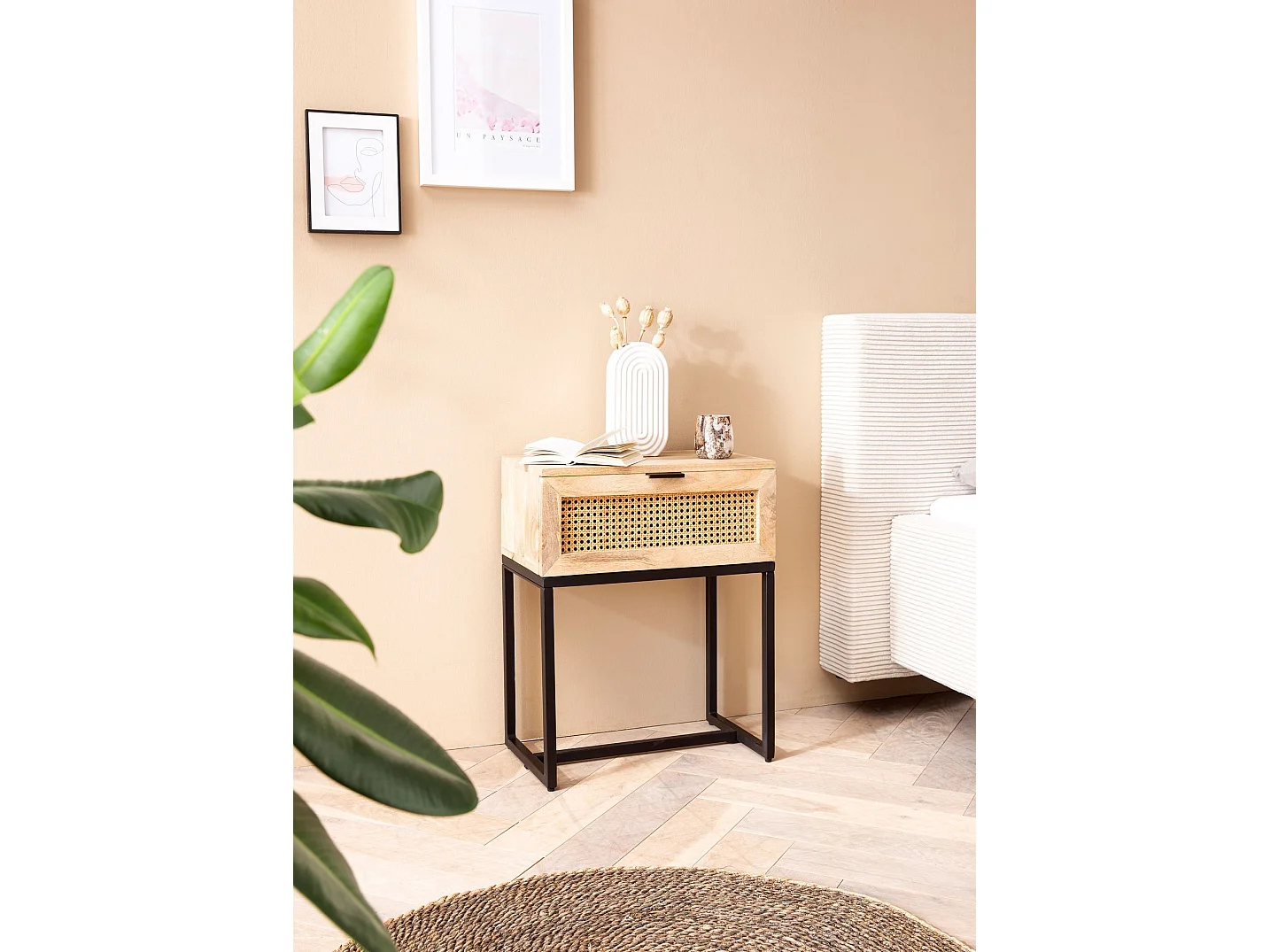 Nachtkonsole Mango Massivholz / Rattan 50x60x30 cm Nachttisch Braun, Nachtkommode Boxspringbett