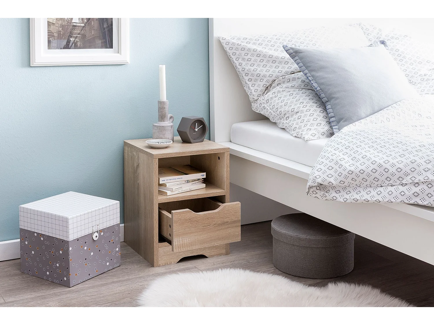 Nachtkonsole WL5.701 31x43x31 cm Sonoma 1 Schublade und Ablagefach, Weisse Nachtkommode mit