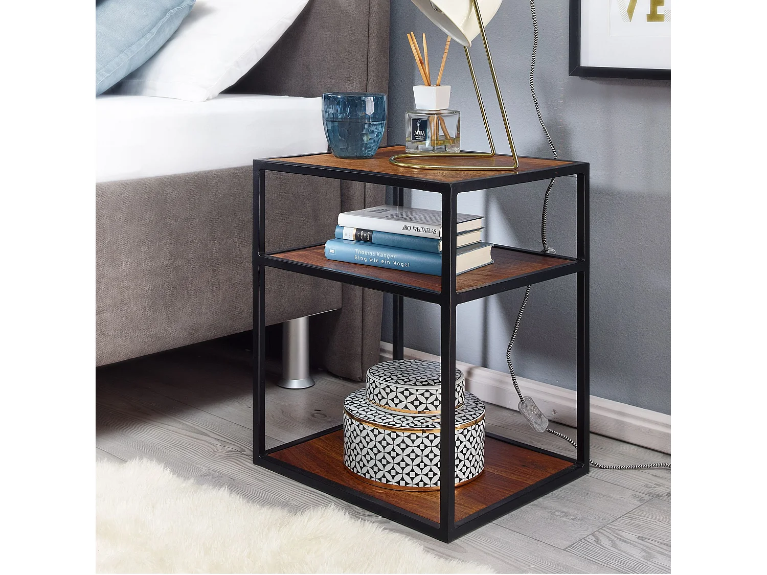 Nachttisch Sheesham Massivholz / Metall 40x50x35 cm Beistelltisch Hoch, Design Nachtkonsole