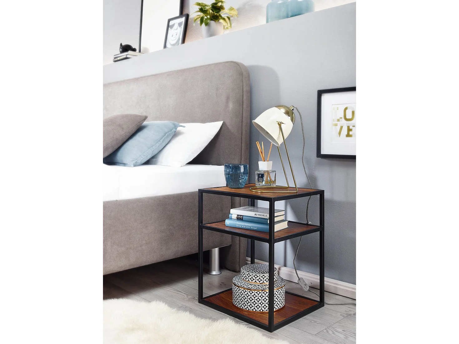 Nachttisch Sheesham Massivholz / Metall 40x50x35 cm Beistelltisch Hoch, Design Nachtkonsole