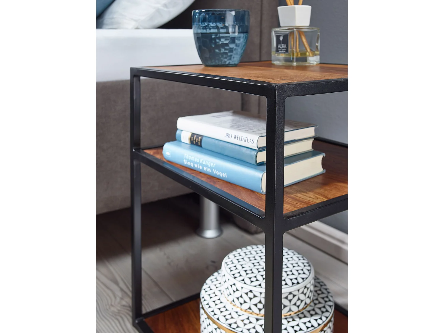 Nachttisch Sheesham Massivholz / Metall 40x50x35 cm Beistelltisch Hoch, Design Nachtkonsole