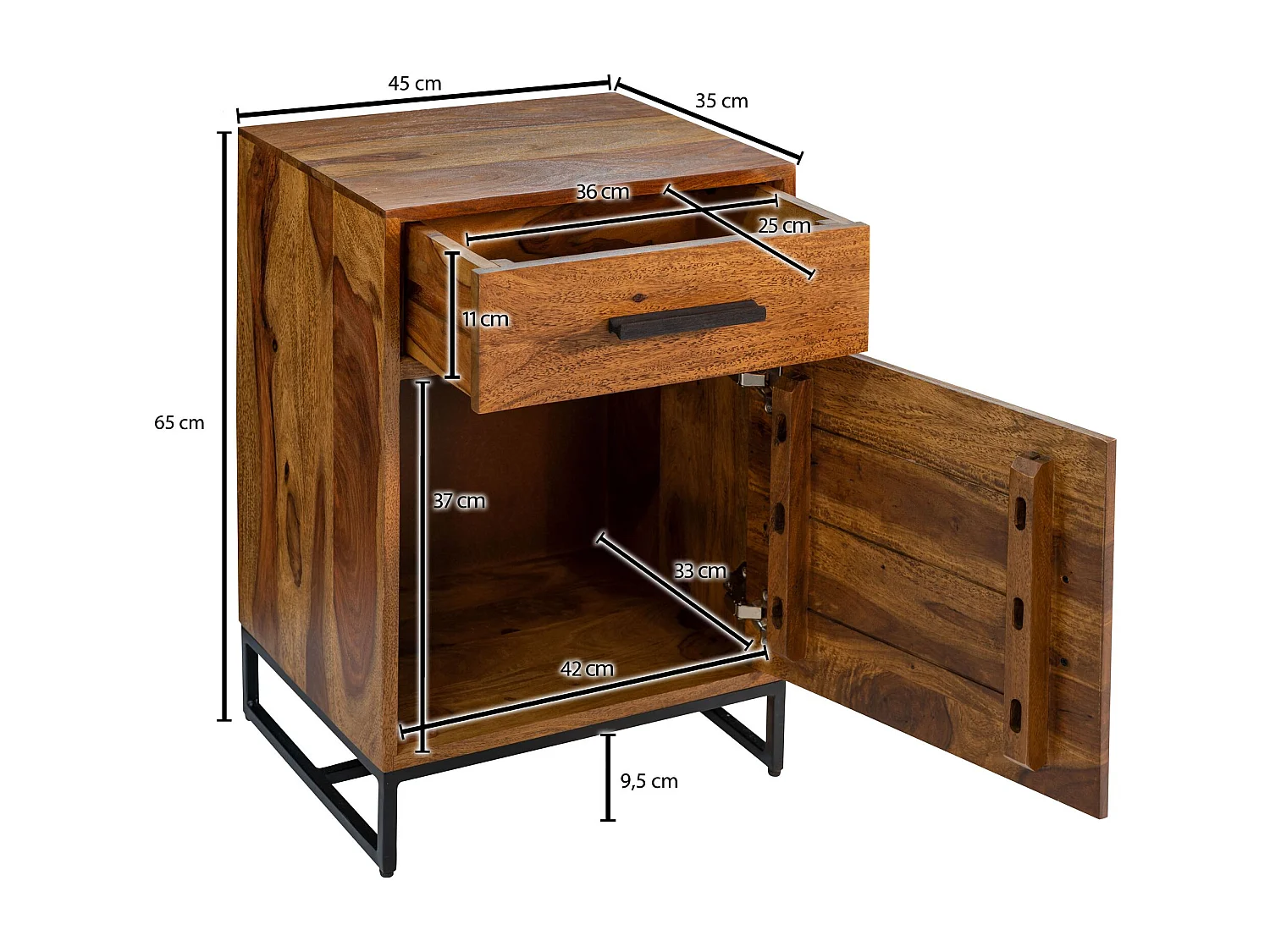 Nachttisch Sheesham Massivholz / Metall 45x35x65 cm Nachtschrank Boxspringbett, Design