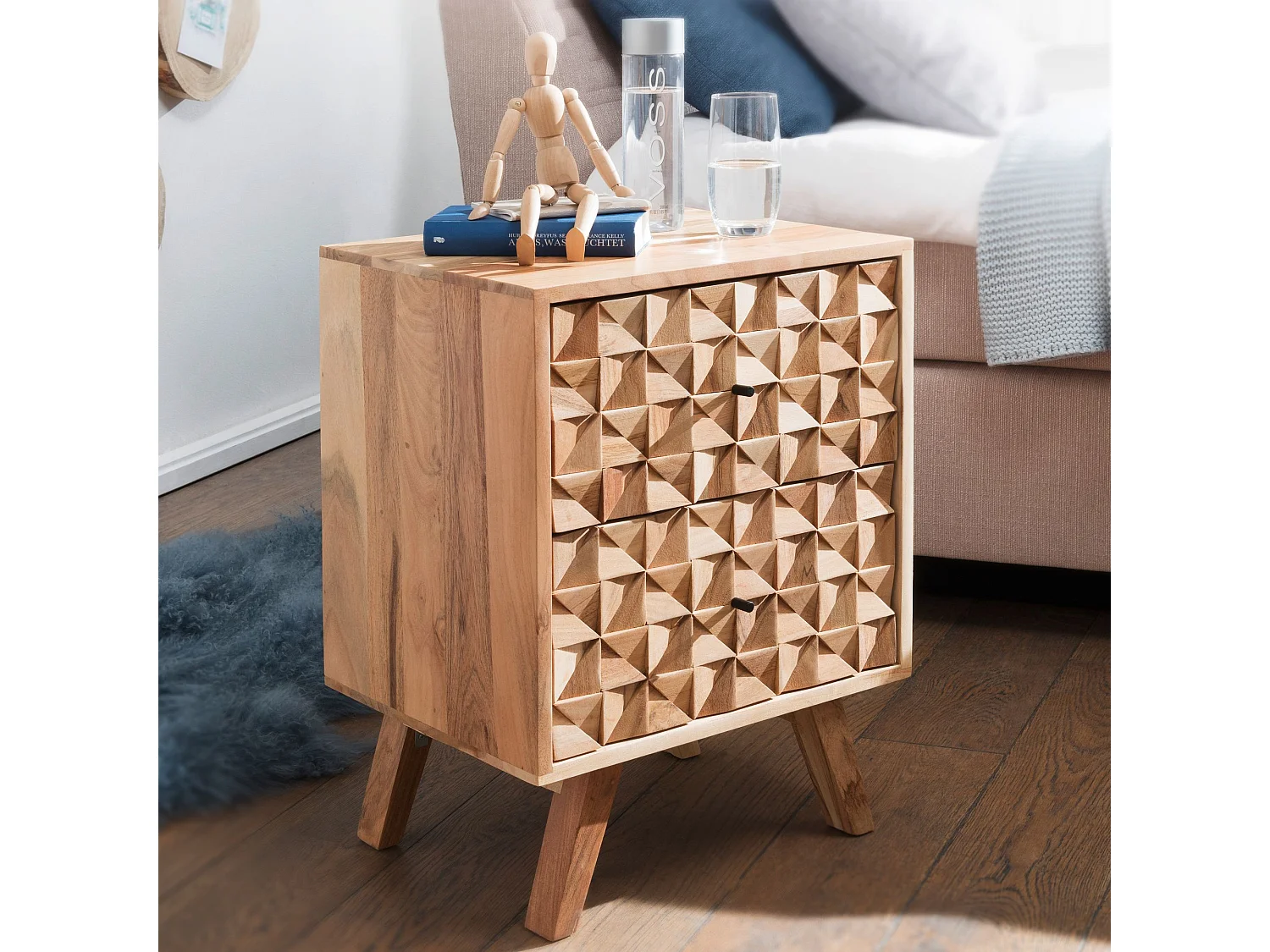 Nachtkonsole REWA 44x61x35cm Akazie Massivholz Nachtschrank Hoch, Landhaus Nachtkommode