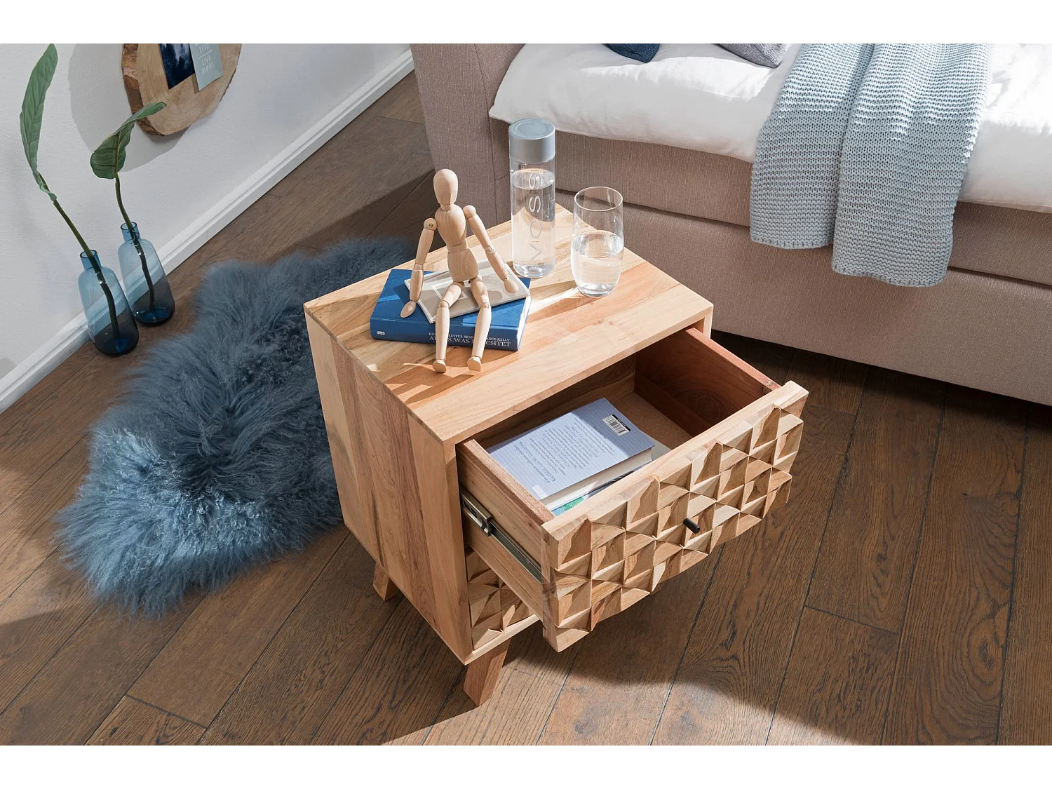 Nachtkonsole REWA 44x61x35cm Akazie Massivholz Nachtschrank Hoch, Landhaus Nachtkommode