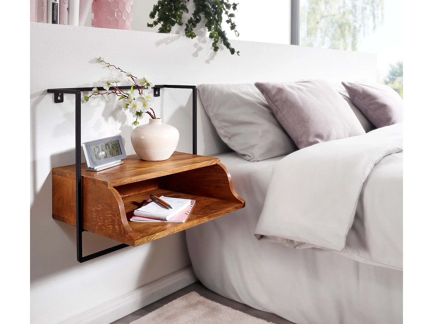 Nachtkonsole für Wandmontage 44x45x35 cm Nachttisch Mango Massivholz, Nachtschrank mit Ablage,