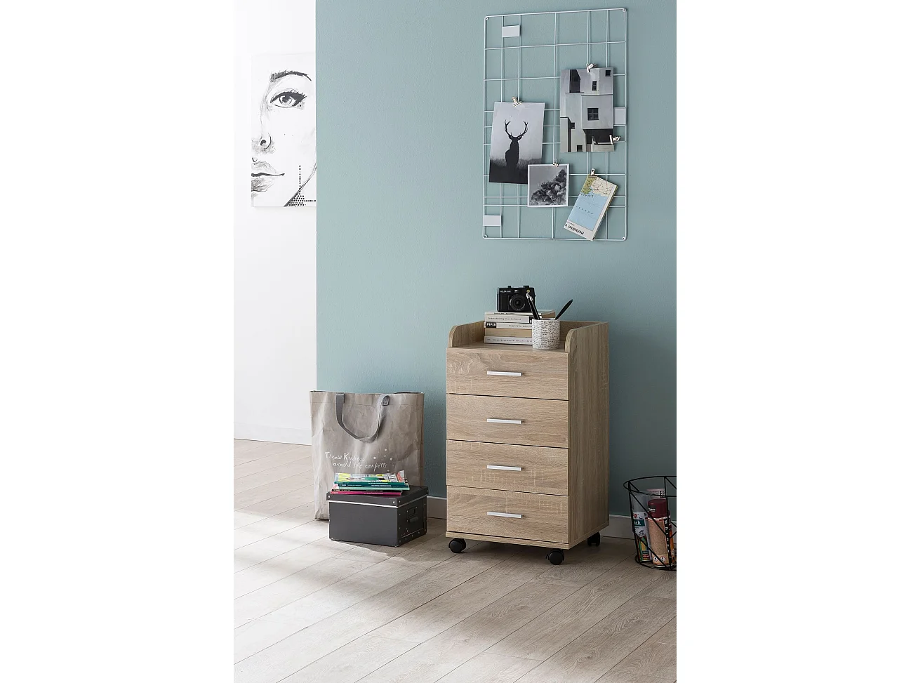 rolcontainer WL5.749 40x70,5x33cm Sonoma | Bureaucontainer Rolkast 4 laden | Hedendaagse ladekast met zwenkwielen | Standcontainer Kantoorcontainer Zijcontainer