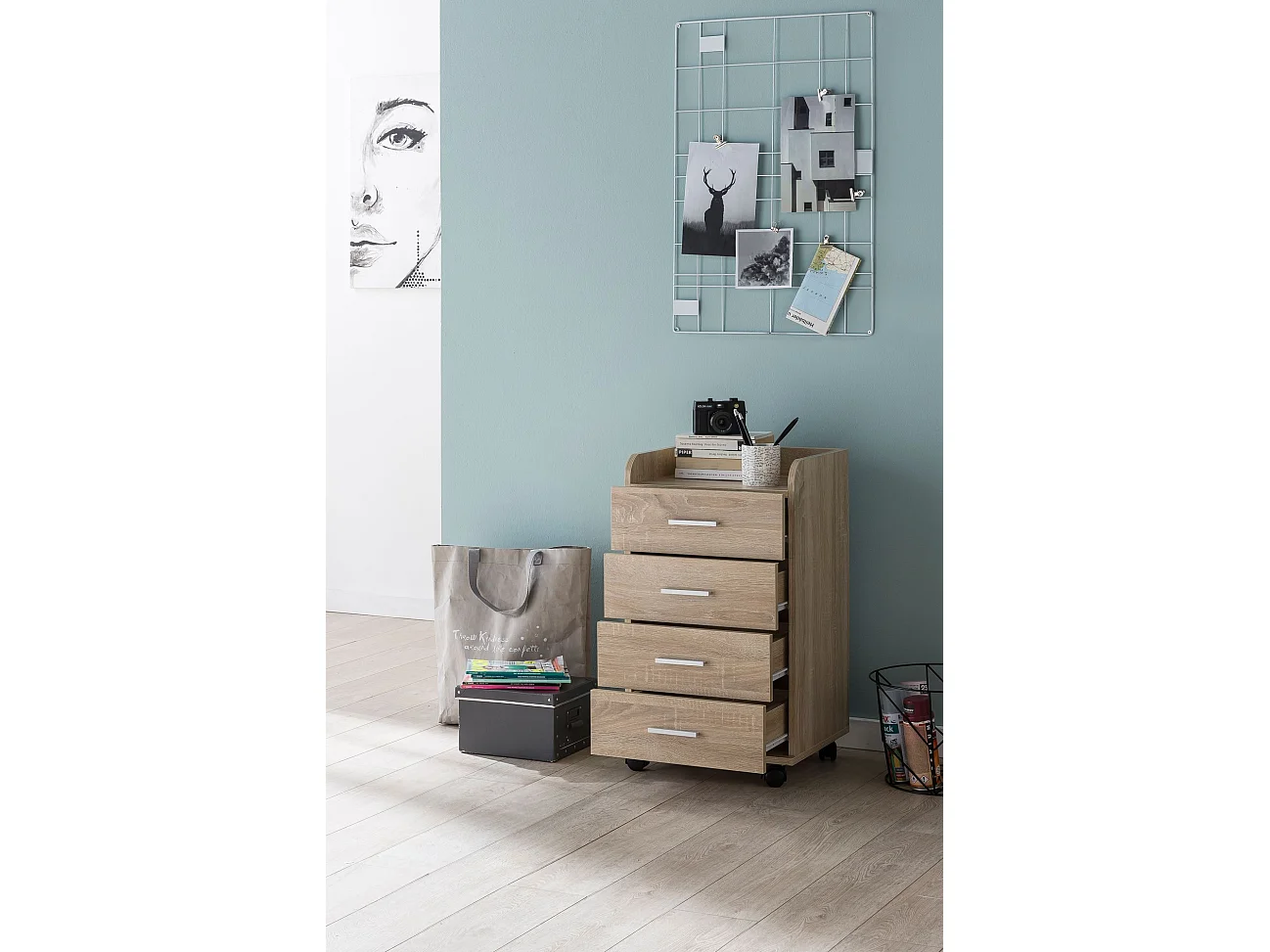 rolcontainer WL5.749 40x70,5x33cm Sonoma | Bureaucontainer Rolkast 4 laden | Hedendaagse ladekast met zwenkwielen | Standcontainer Kantoorcontainer Zijcontainer